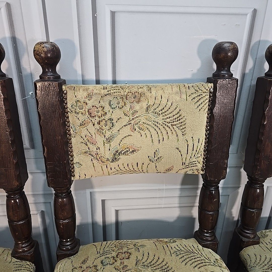 Antique Oak Dining Chairs Set 4 Upholstered Seats Turned Wood Carolean Style photo vinterior