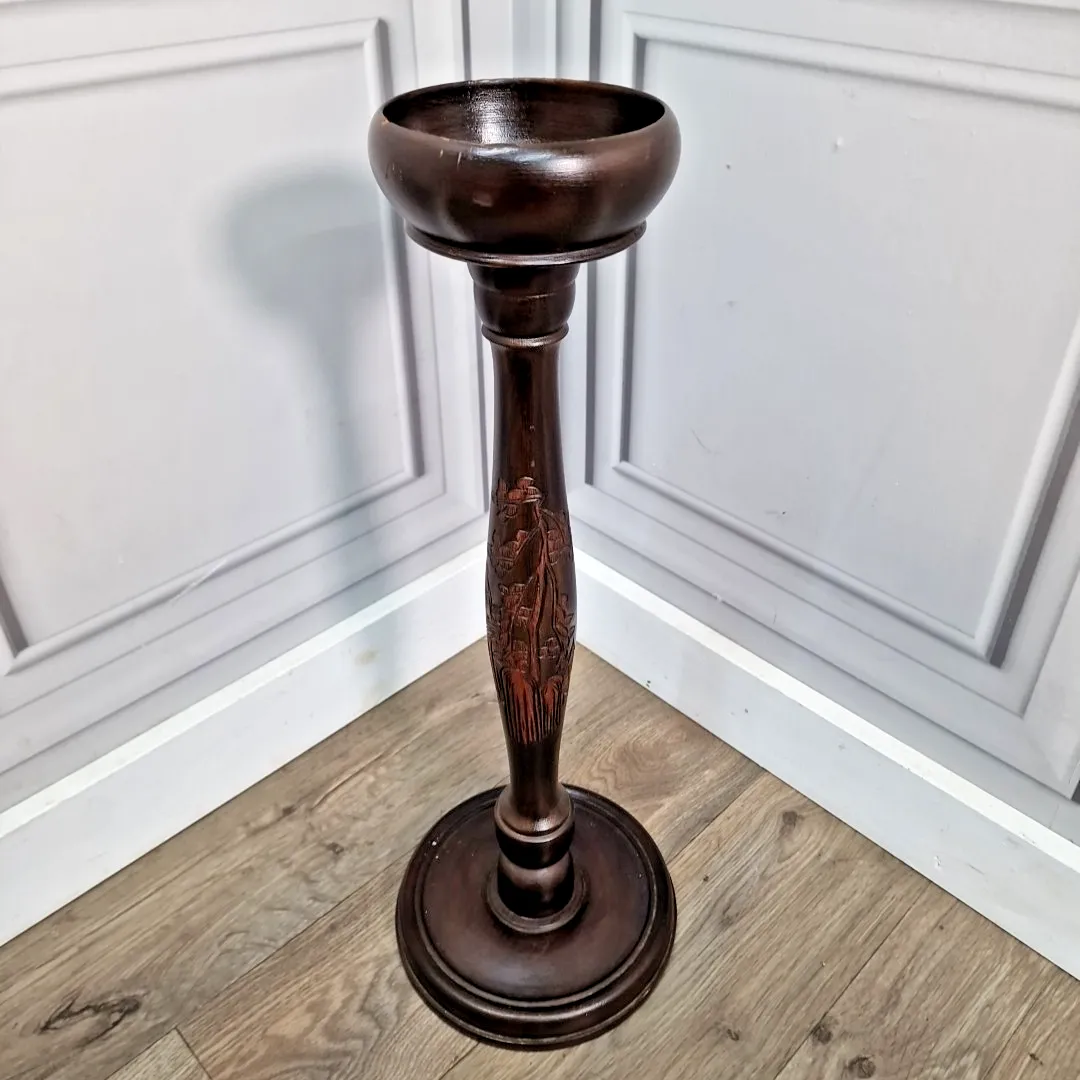 Vintage Ashtray Plant Stand Mid Century Carved Hardwood – Oriental Figural Scene