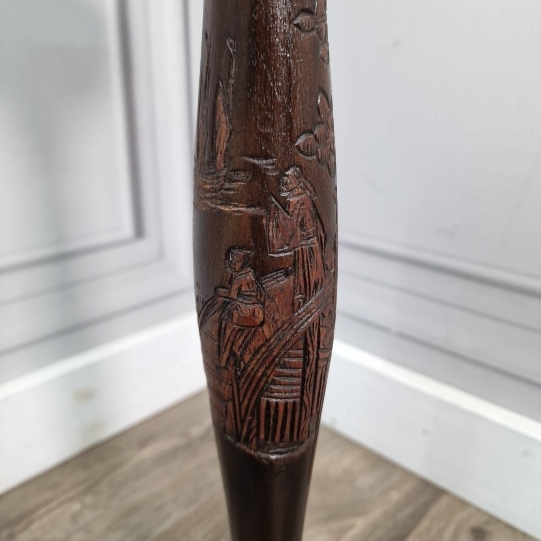 Vintage Ashtray Plant Stand Mid Century Carved Hardwood – Oriental Figural Scene photo for sale