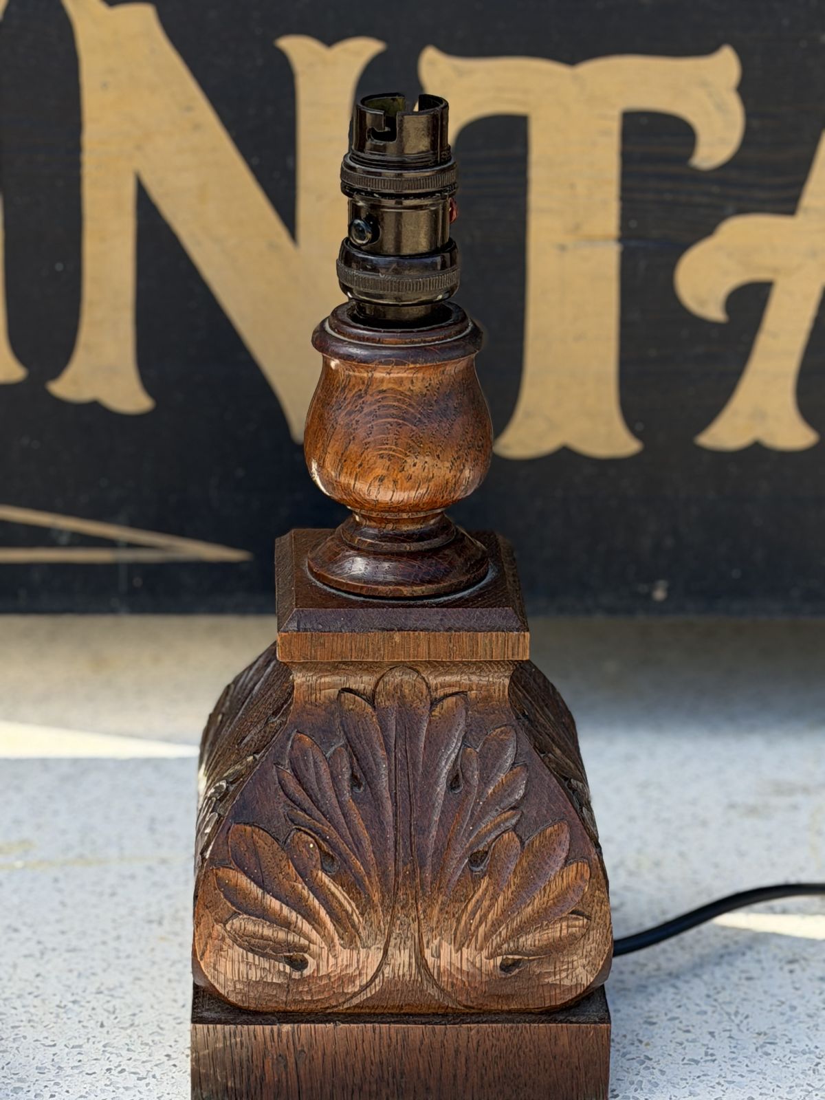 Carved Oak Table Lamp Base With Stylised Leaf Motif – Arts & Crafts Influence. photo buy