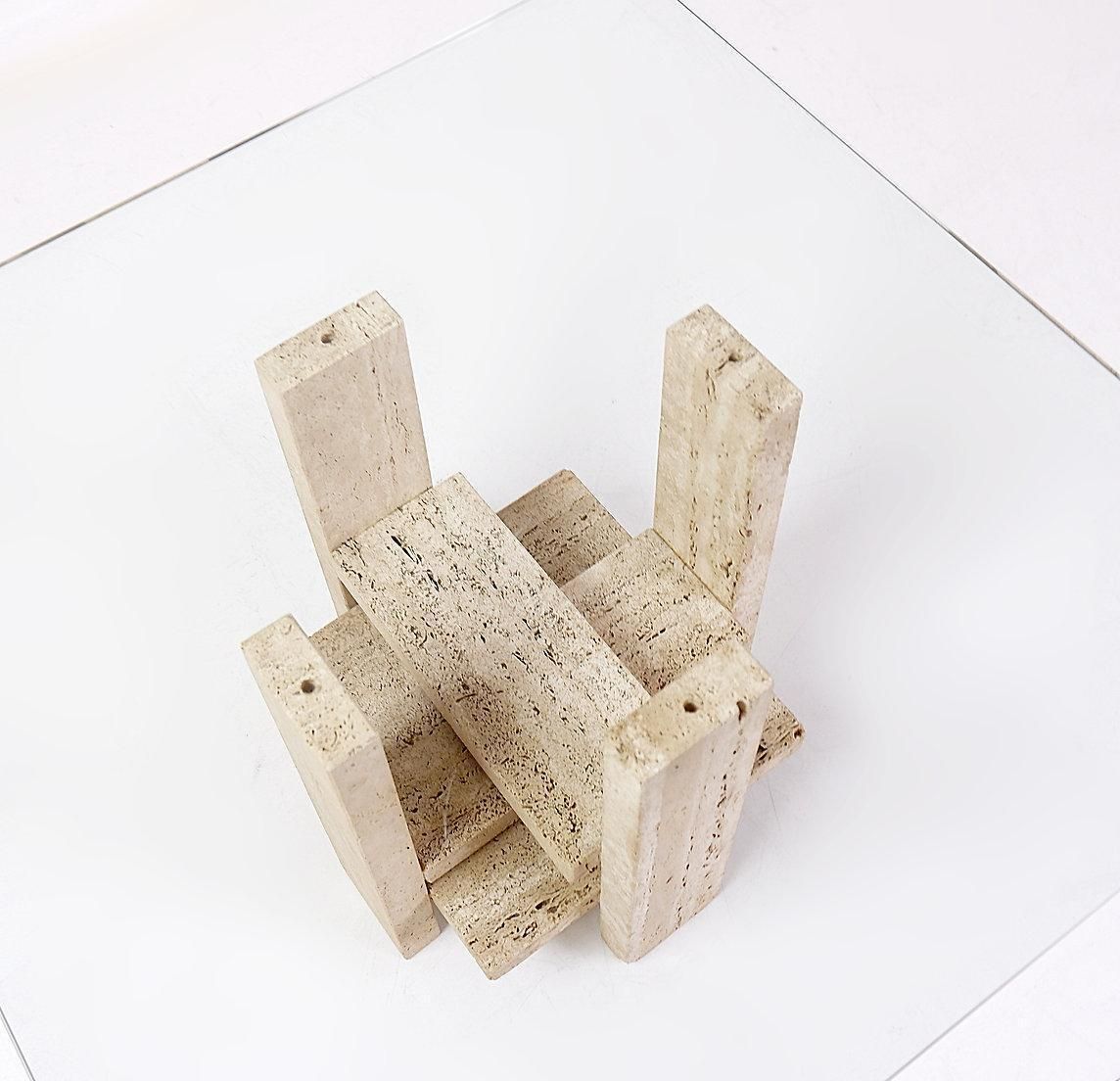 Glass And Travertine Square Coffee Table By Willy Ballez, 1970s (60x60cm) photo buy