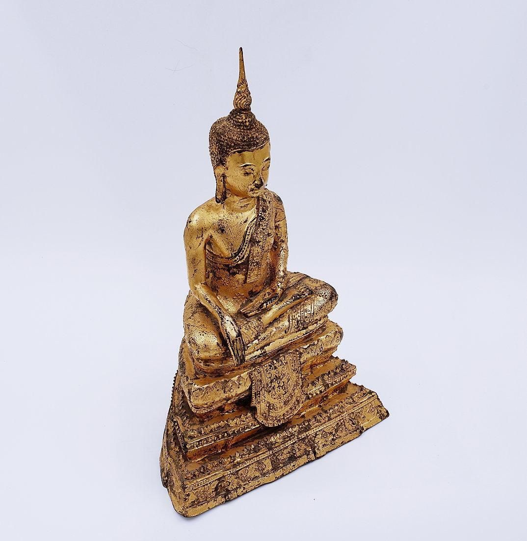photo furniture Thai Gilt Bronze Seated Earth Touching Buddha Figure, Late 19th Century