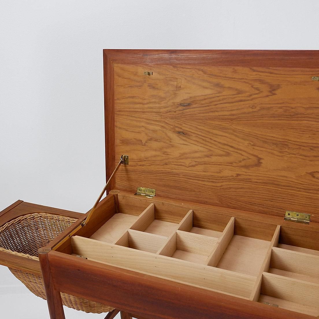 Mid Century Modern Scandinavian Teak Sewing Basket End Table   Johannes Andersen photo furniture