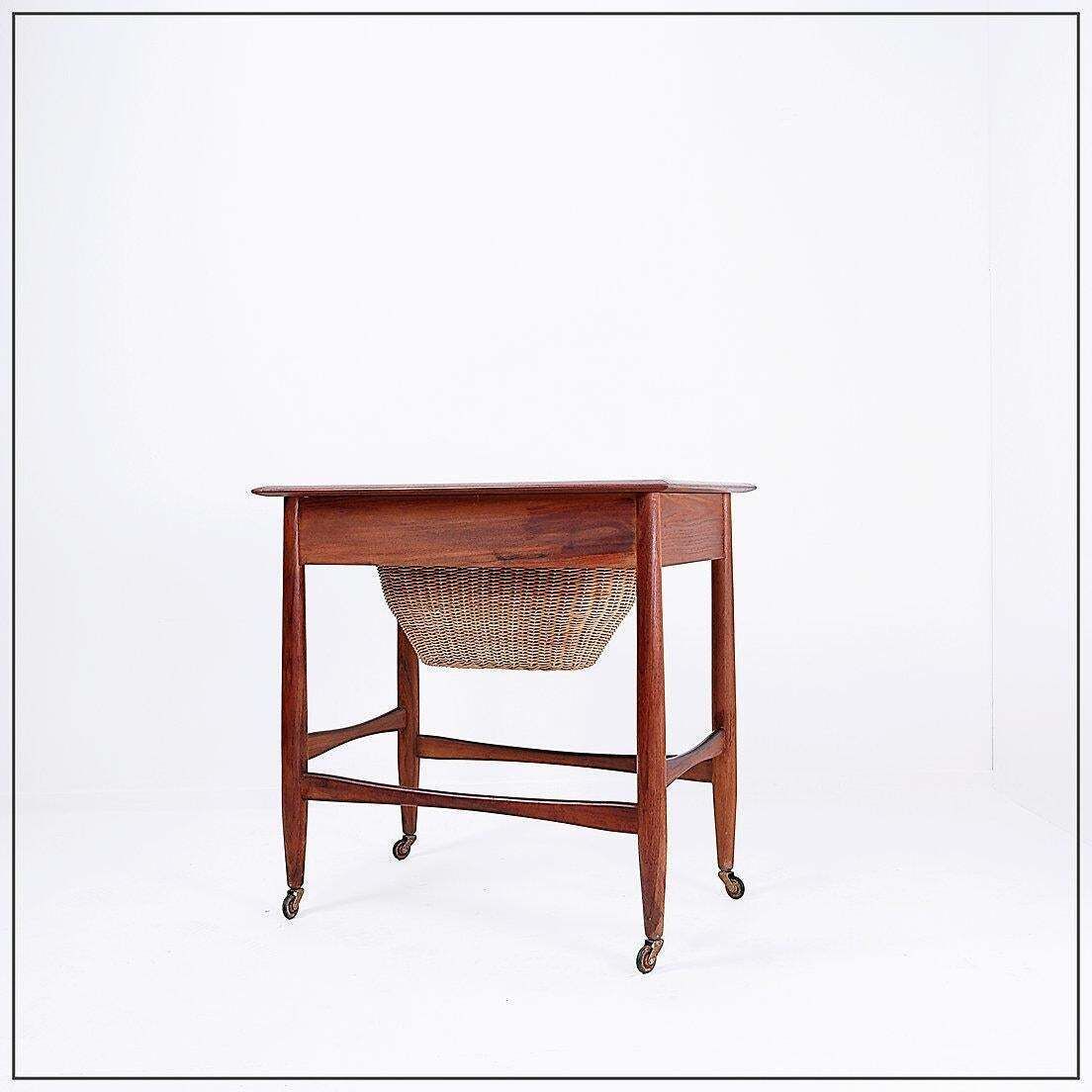 Mid Century Modern Scandinavian Teak Sewing Basket End Table   Johannes Andersen photo Furniture
