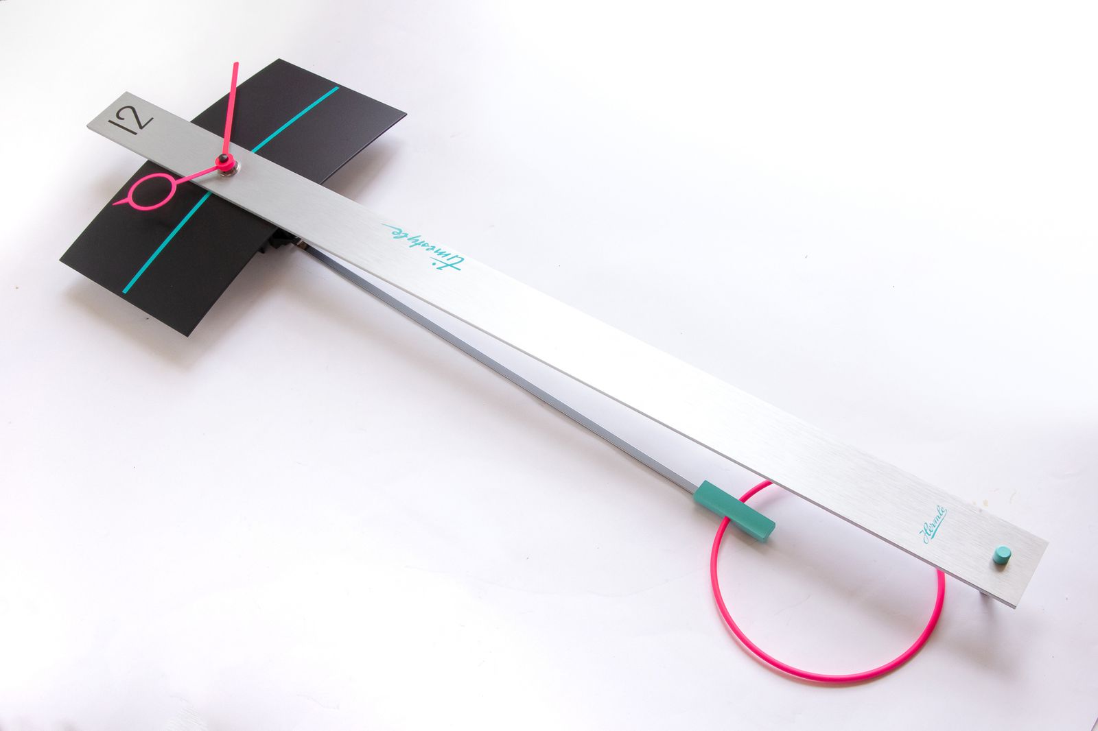 Nos 80s Postmodern Neon Pendulum Wall Clock Memphis Sottsass Era Panton Pop Turquoise Pink Mobile photo for sale