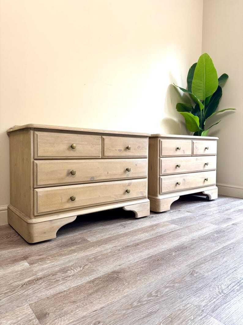 Pair Of Vintage Pine Lime Washed Chest Of Drawers With Round Handles Large Bedside Tables