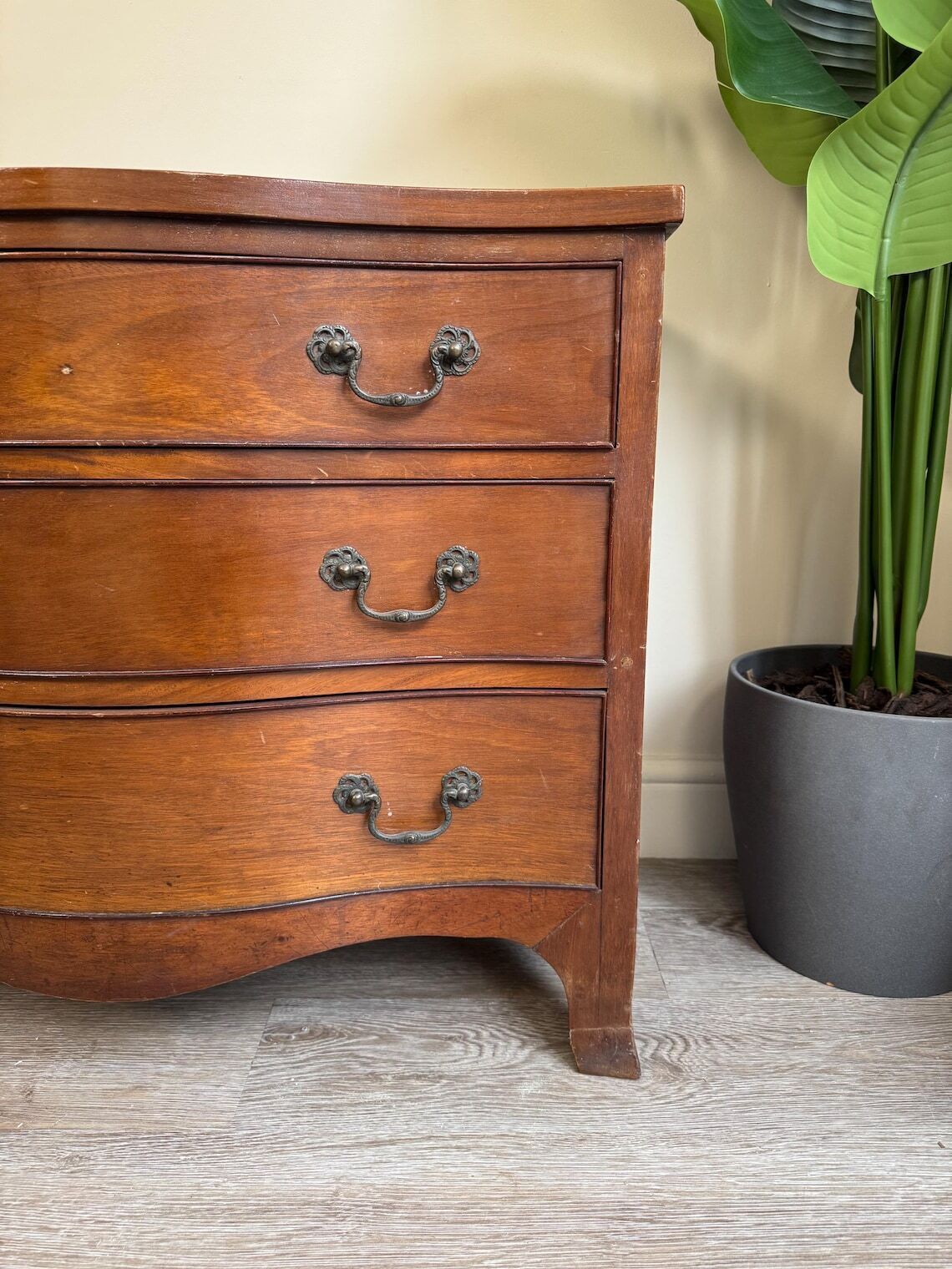 photo vintage Vintage Small Bow Front Wood Chest Of Drawers Original Hardware Small