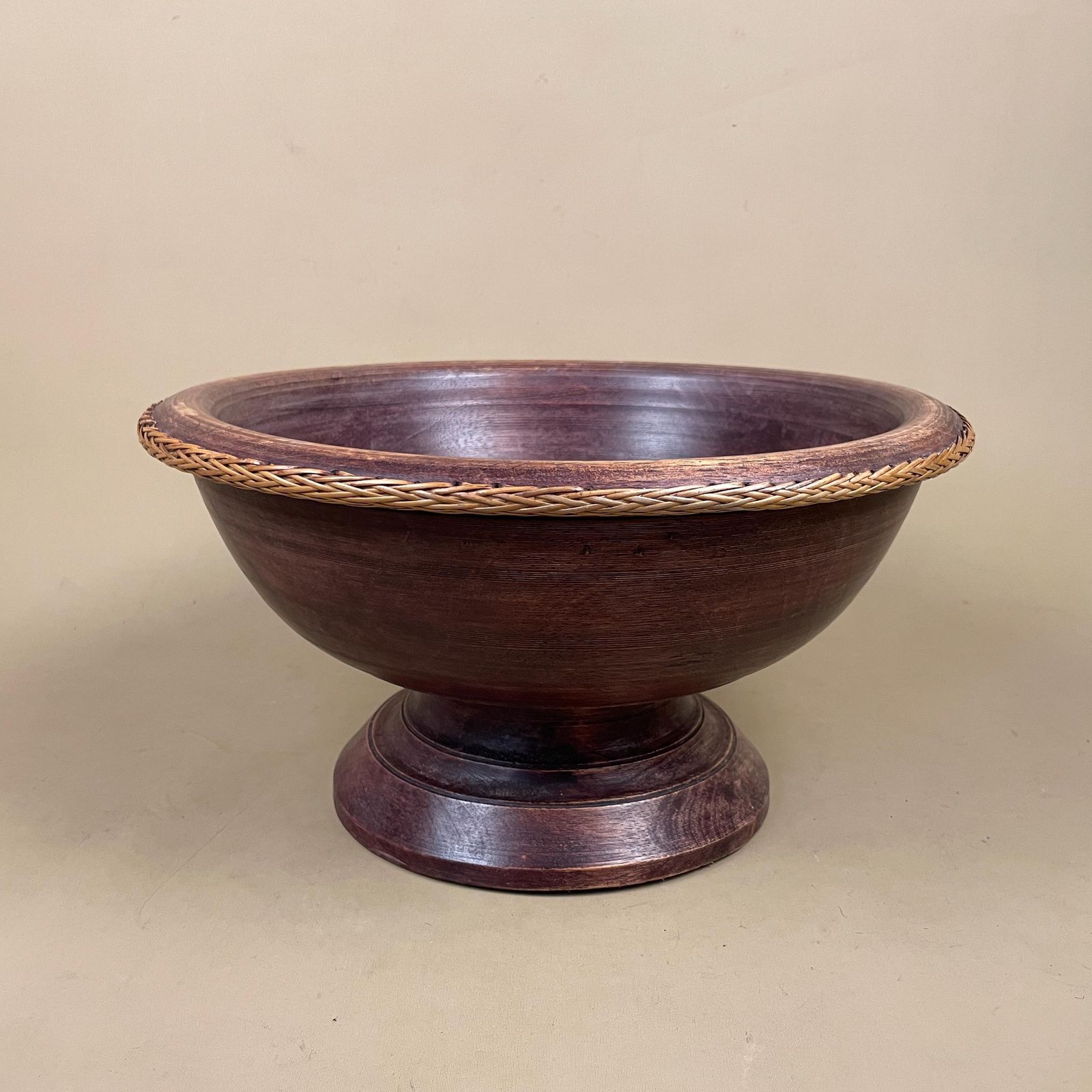 Vintage Wooden Pedestal Bowl Rattan Edge Hand Turned Fruit Bowl Serving Dish Table Display Rustic Tropical Wood Centerpiece photo furniture