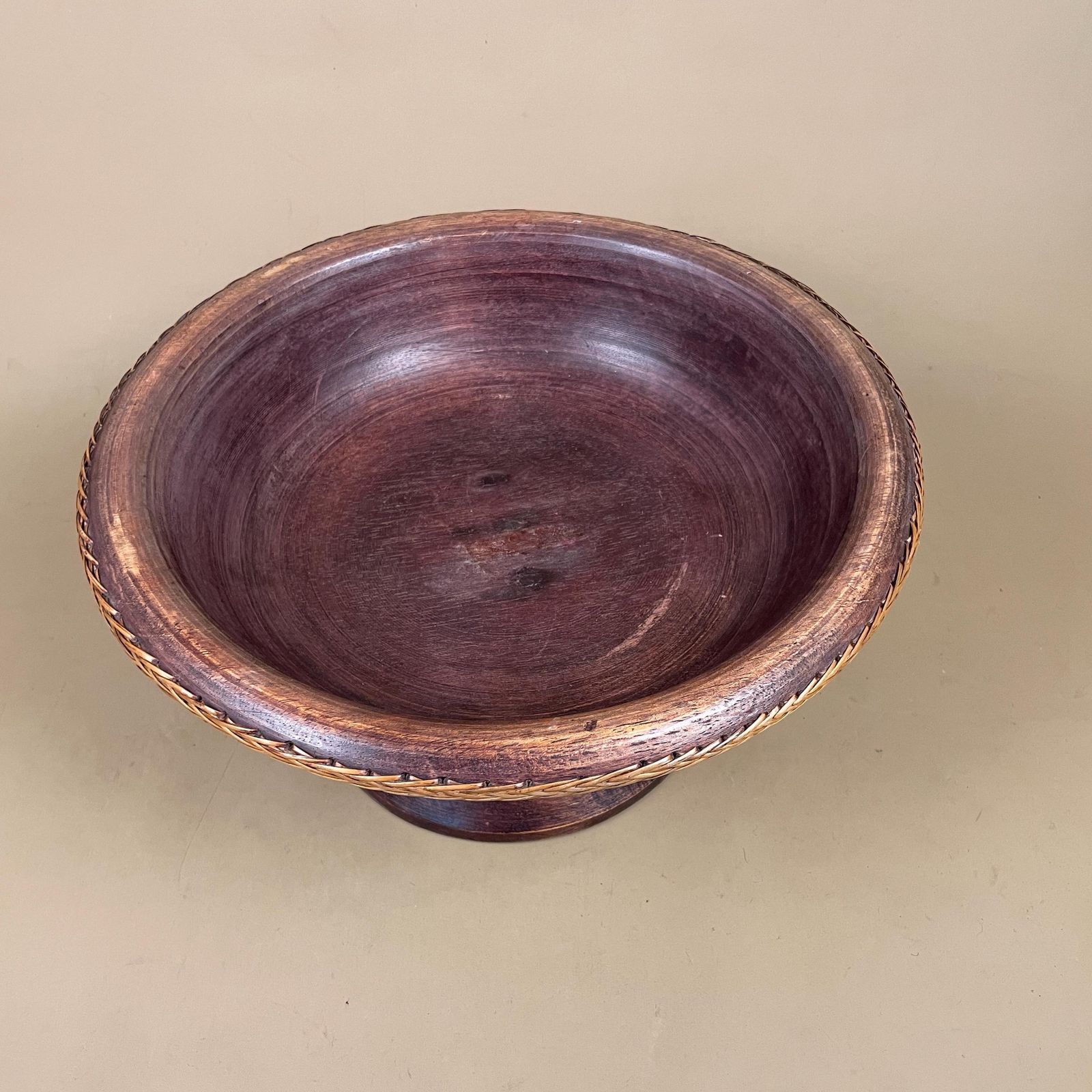Vintage Wooden Pedestal Bowl Rattan Edge Hand Turned Fruit Bowl Serving Dish Table Display Rustic Tropical Wood Centerpiece photo for sale