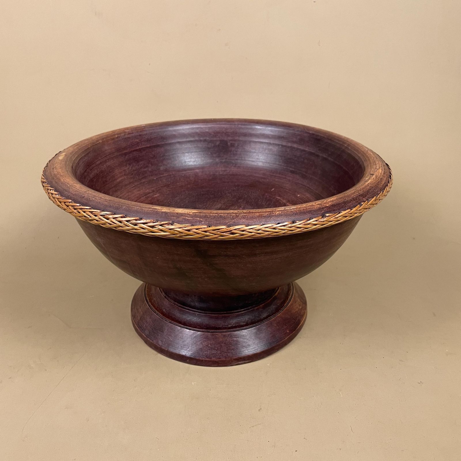 Vintage Wooden Pedestal Bowl Rattan Edge Hand Turned Fruit Bowl Serving Dish Table Display Rustic Tropical Wood Centerpiece photo Home Decor