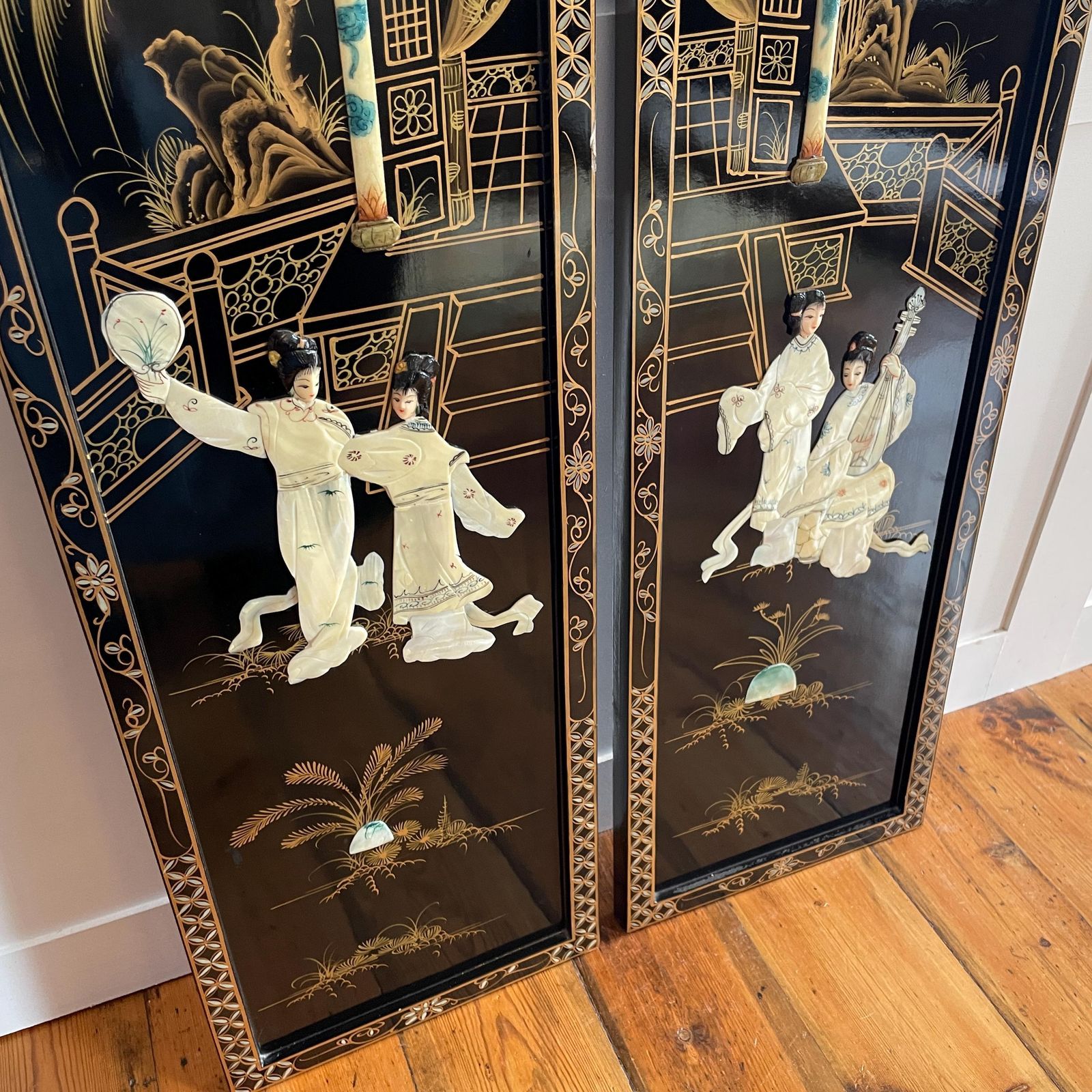 Japanese Soapstone Wall Panels Figures Black Lacquer Pair Oriental Screens Pictures Decorative Asian Wall Hanging photo buy