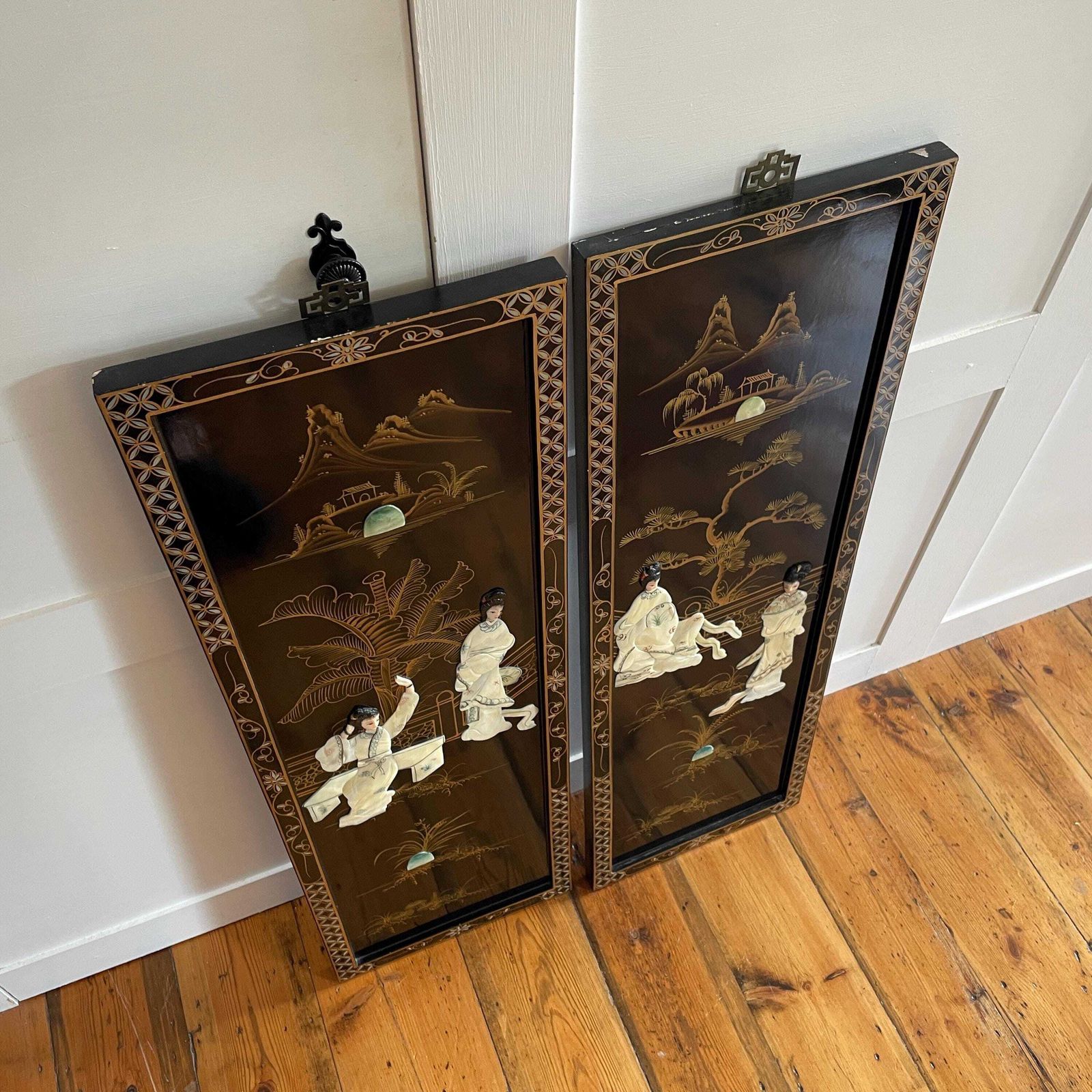 Japanese Soapstone Wall Panels Figures Black Lacquer Pair Oriental Screens Pictures Decorative Asian Wall Hanging photo Art