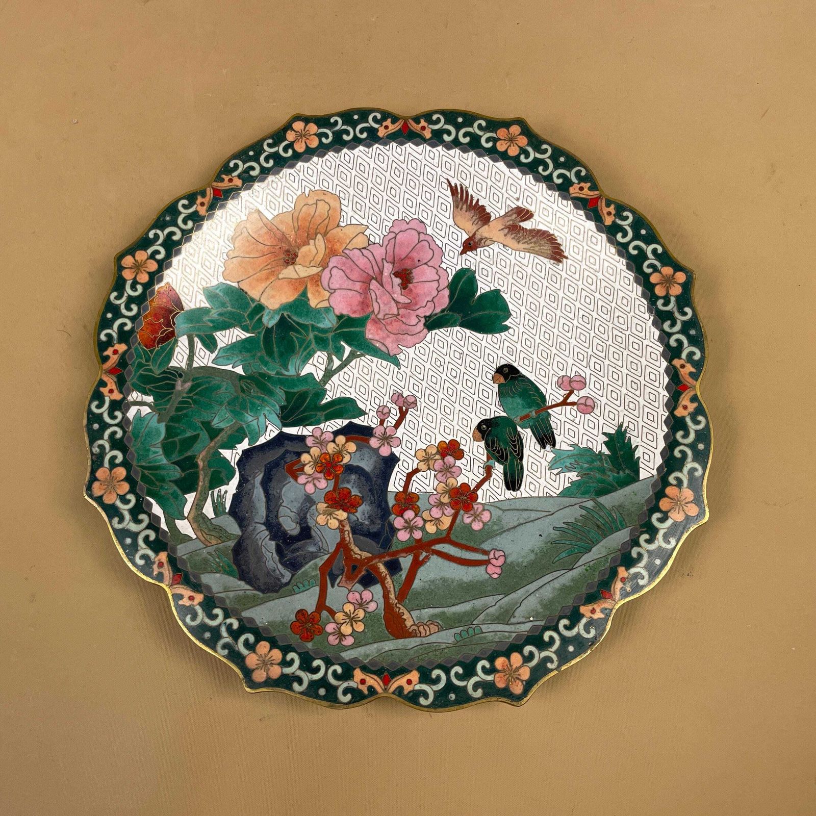 Vintage Chinese Cloisonne Plate Floral Bird Enamel Scalloped Edge Dish Oriental Decorative Charger Display Decor Blue Green photo buy