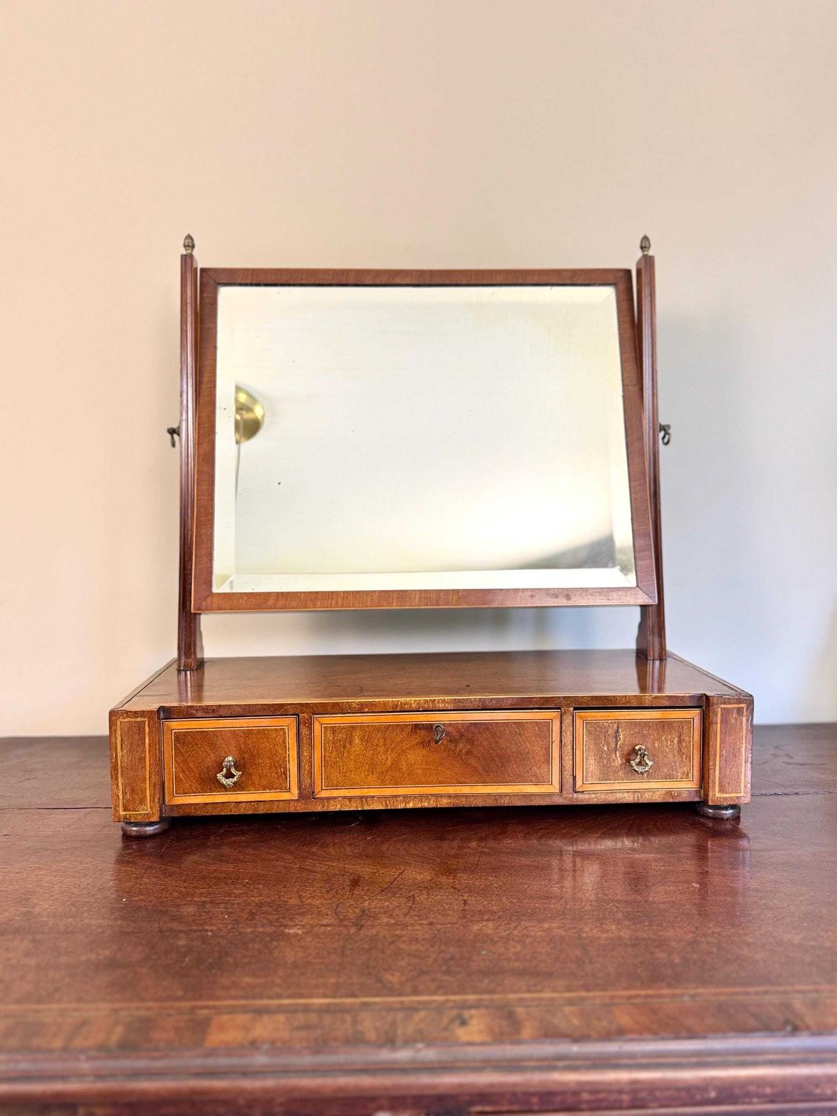 Antique Wooden Vanity Mirror With Storage Drawers, Tabletop Dressing Desk Mirror photo furniture