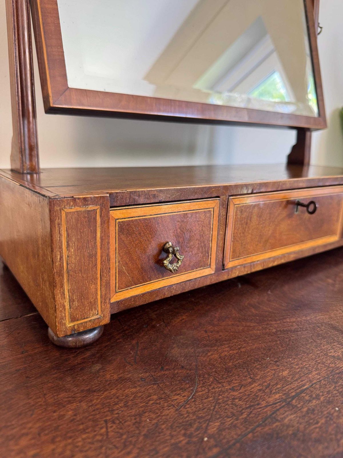 Antique Wooden Vanity Mirror With Storage Drawers, Tabletop Dressing Desk Mirror photo vintage