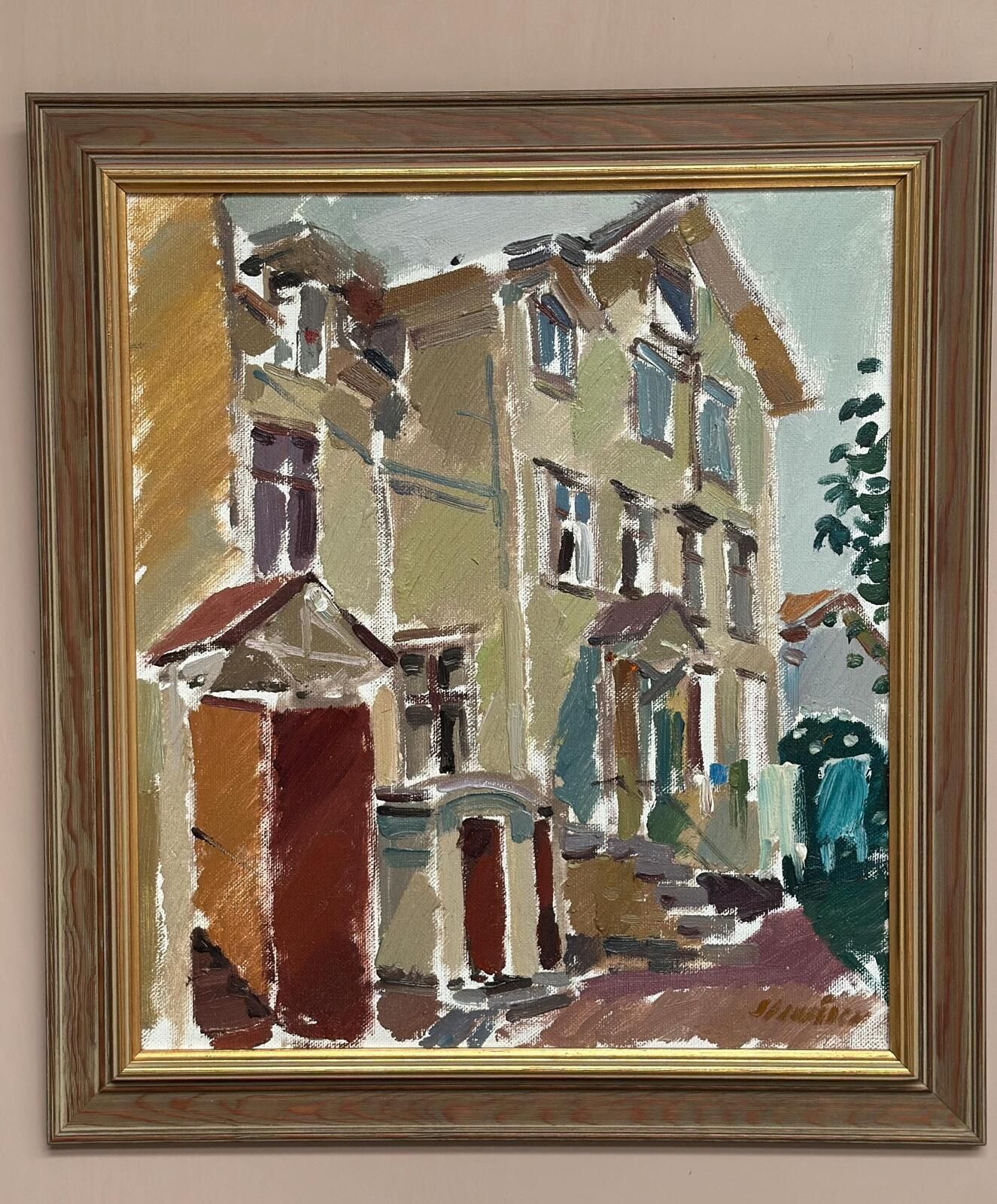 photo furniture Original Swedish Oil On Canvas – “Södra Kyrkogatan 50” By Gösta Stawåsen,  1970 – Vintage & Framed – 69.5 × 62.5 Cm (Approx. 27.4" × 24.6")