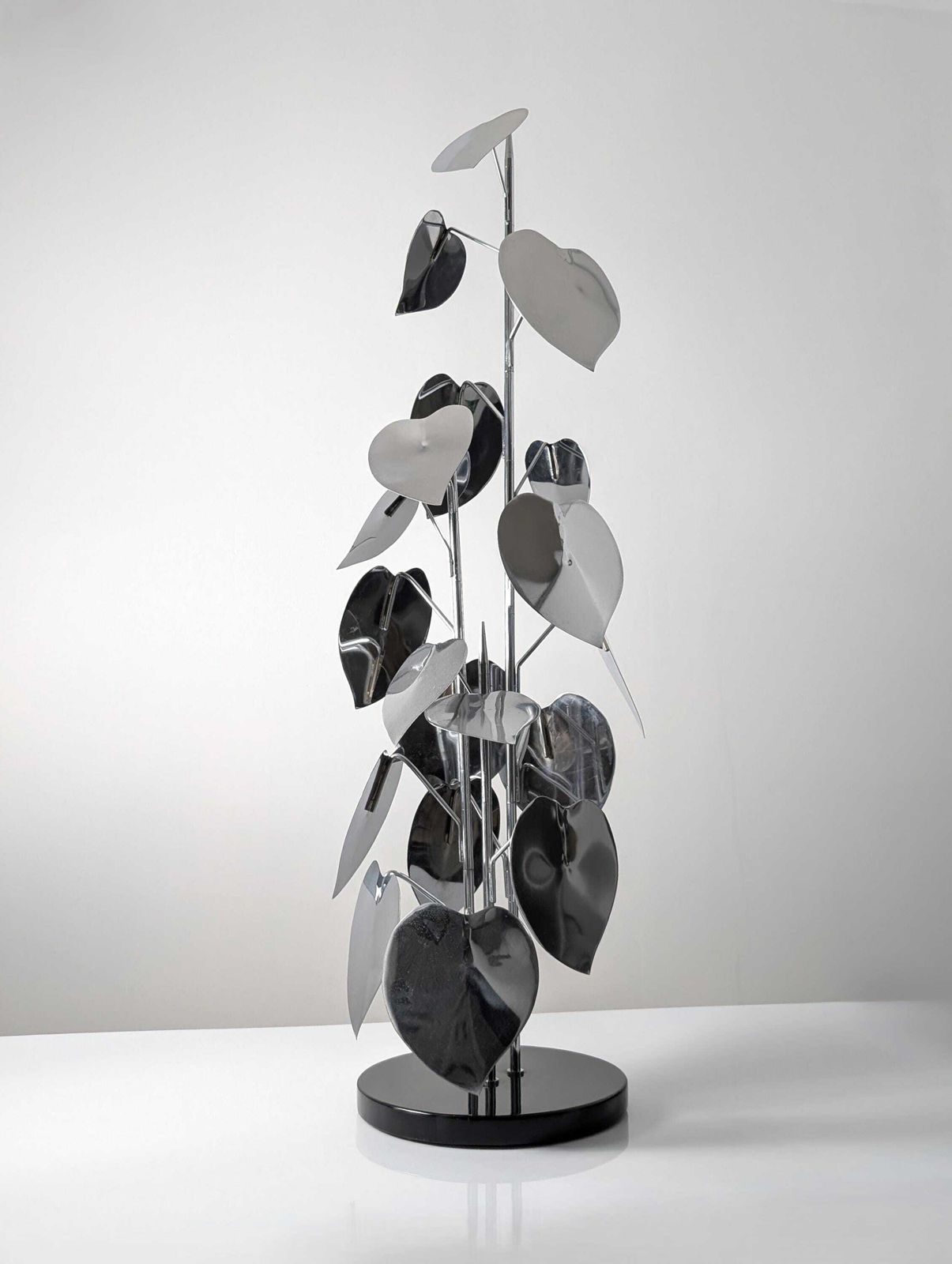 Standing Sculpture With Chrome Leaves And Circular Base, 1970s photo for sale