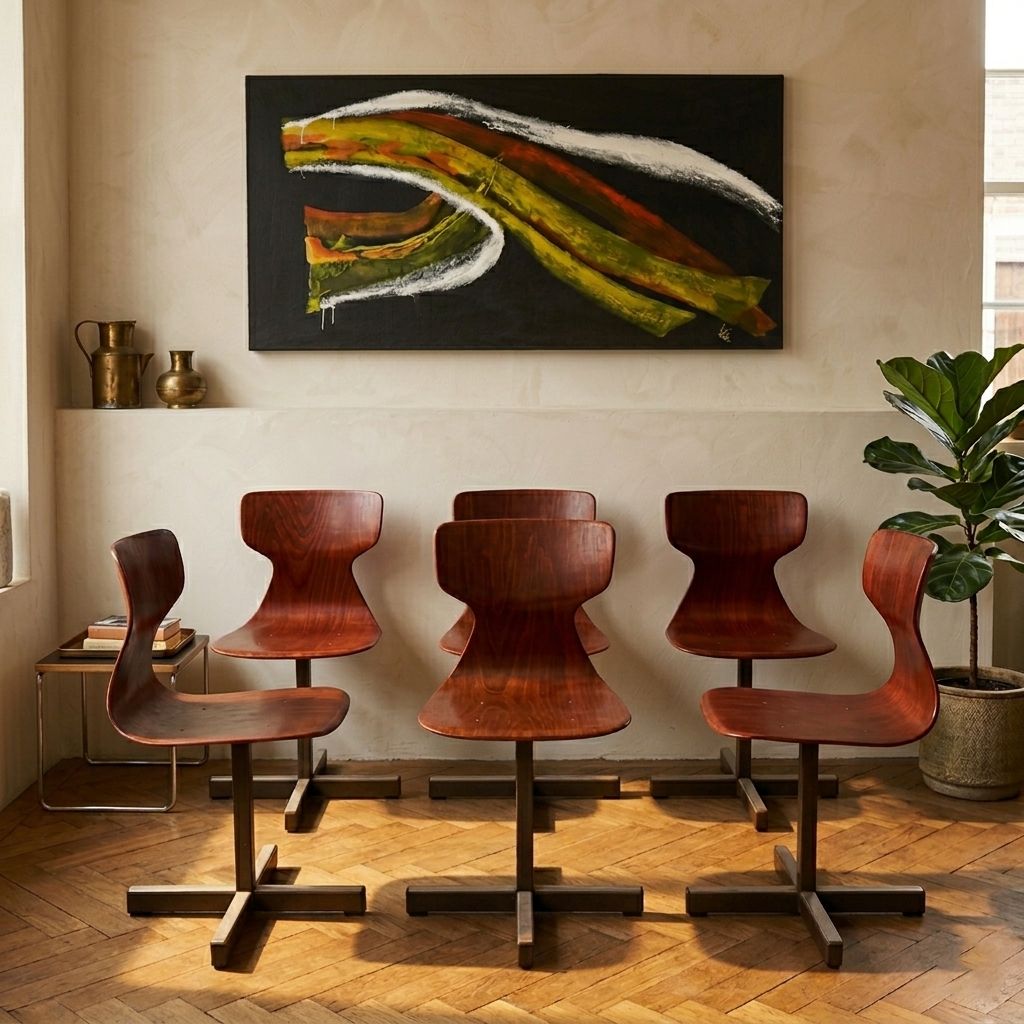 Set Van 6 Mid Century Modern Pagholz Stoelen, Gevormde Multiplex Zitting, Stalen Onderstel, Jaren 1960 photo vinterior