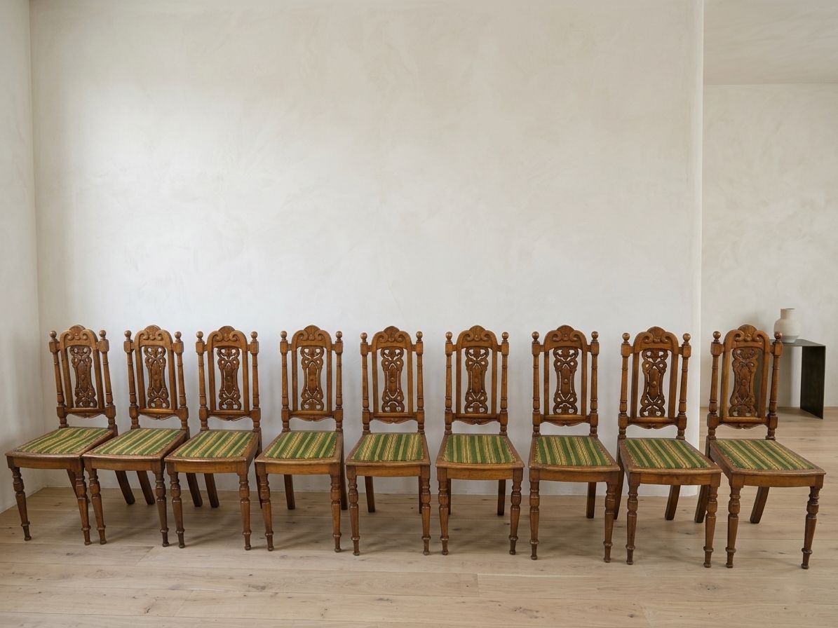 Set Of 9 Renaissance Revival Dining Chairs, Carved Wood, Czechoslovakia, Early 20th Century photo buy