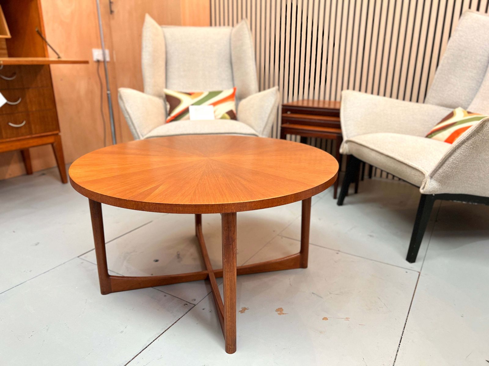 A.H. McIntosh, Mid Century Teak Sunburst Coffee Table