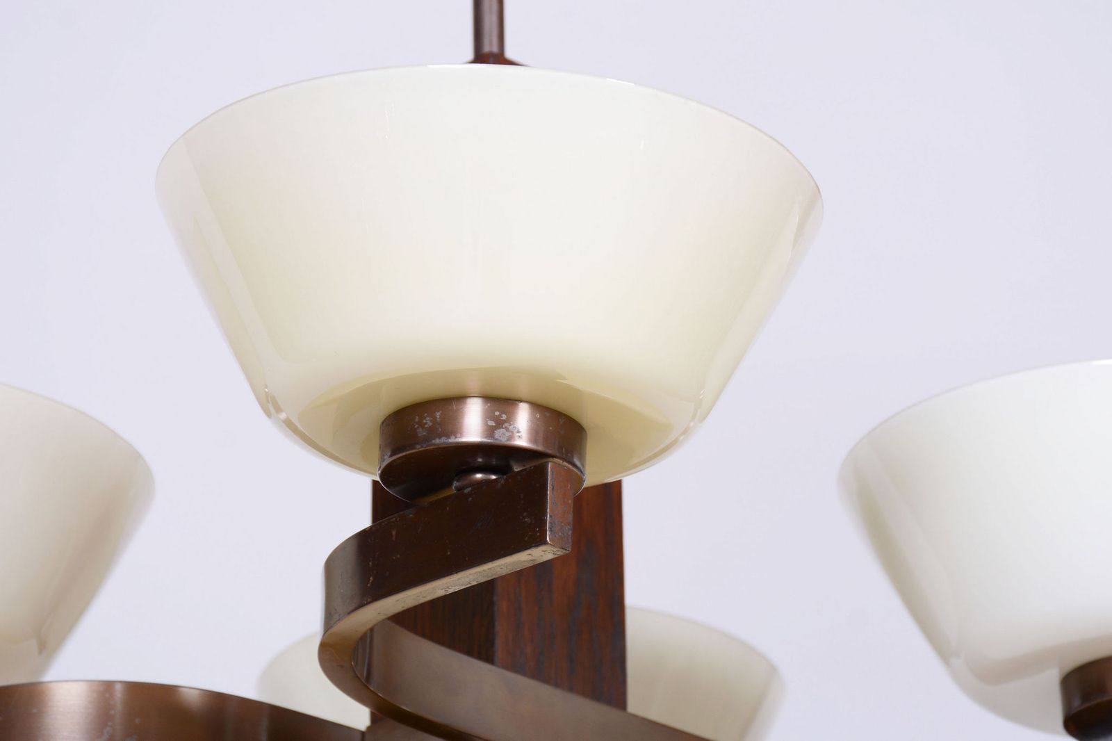 Restored Art Deco Chandelier, Oak, Brass, Opaline Glass, Czech, 1920s photo 1100.0