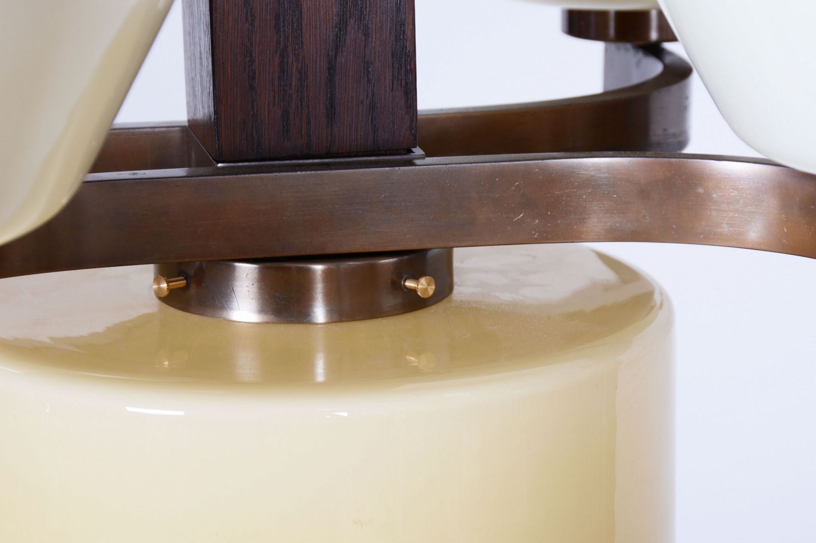 Restored Art Deco Chandelier, Oak, Brass, Opaline Glass, Czech, 1920s photo vinterior