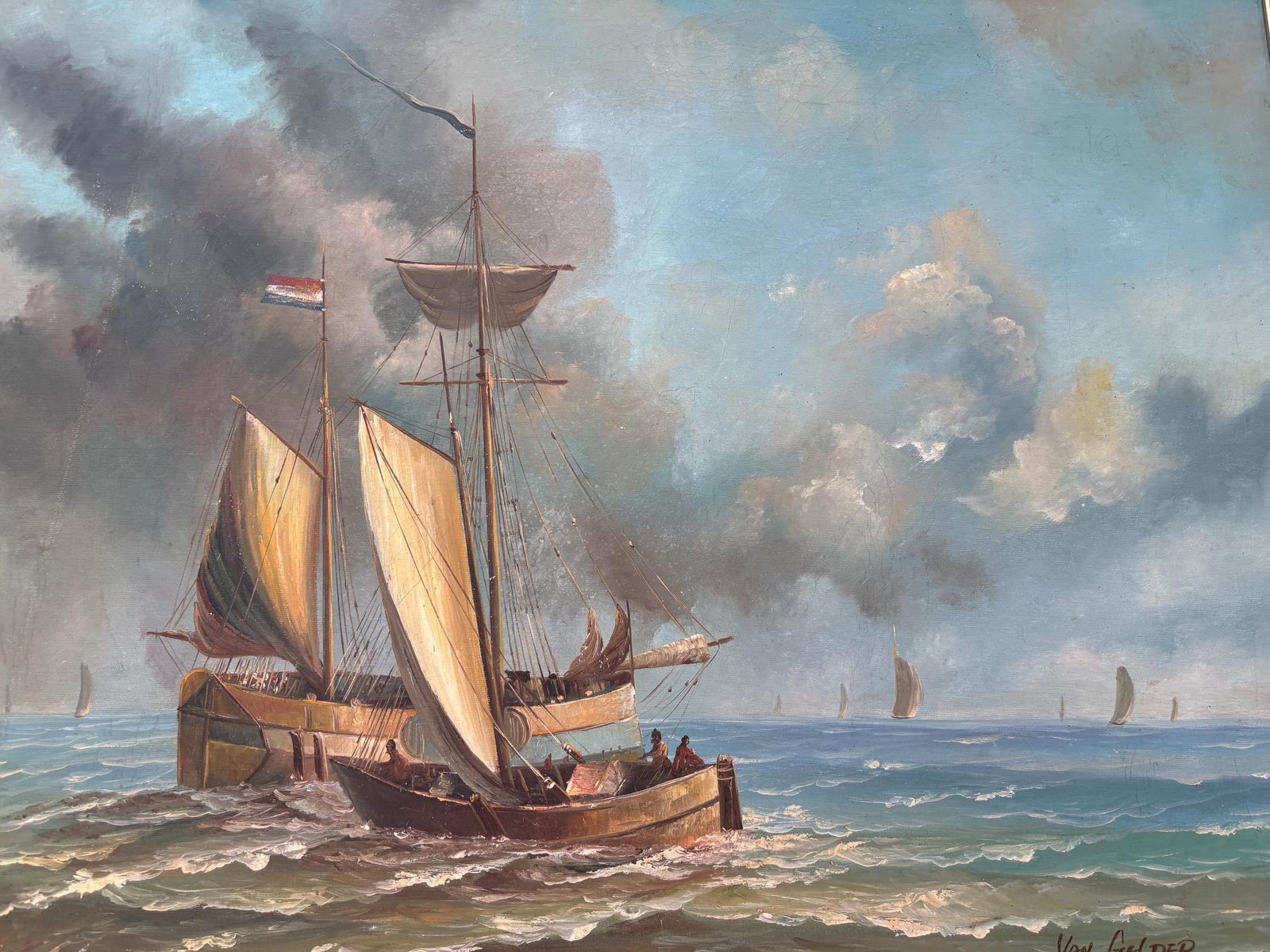 20th Century Sailing Ships, Oil On Canvas Painting, Signed Gilt Frame Dutch photo for sale