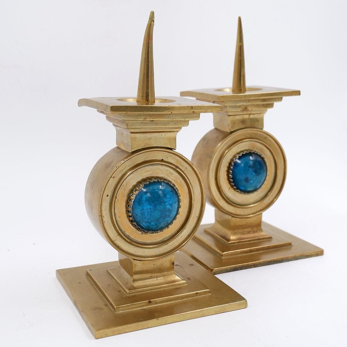 Pair Of Brass Candlesticks Decorated With A Blue Stone Inlaid In The Center photo 966.0