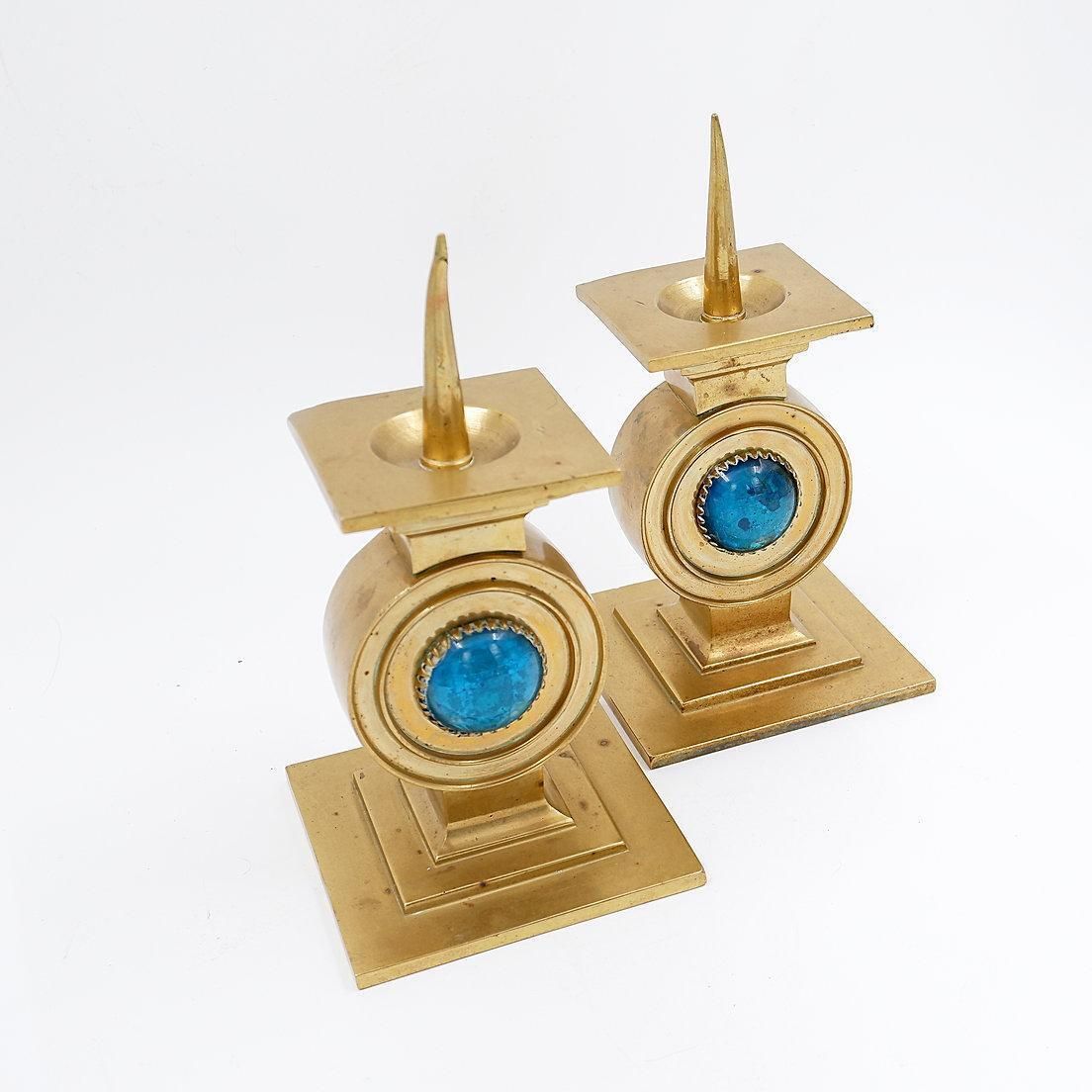 Home Decor Pair Of Brass Candlesticks Decorated With A Blue Stone Inlaid In The Center photo