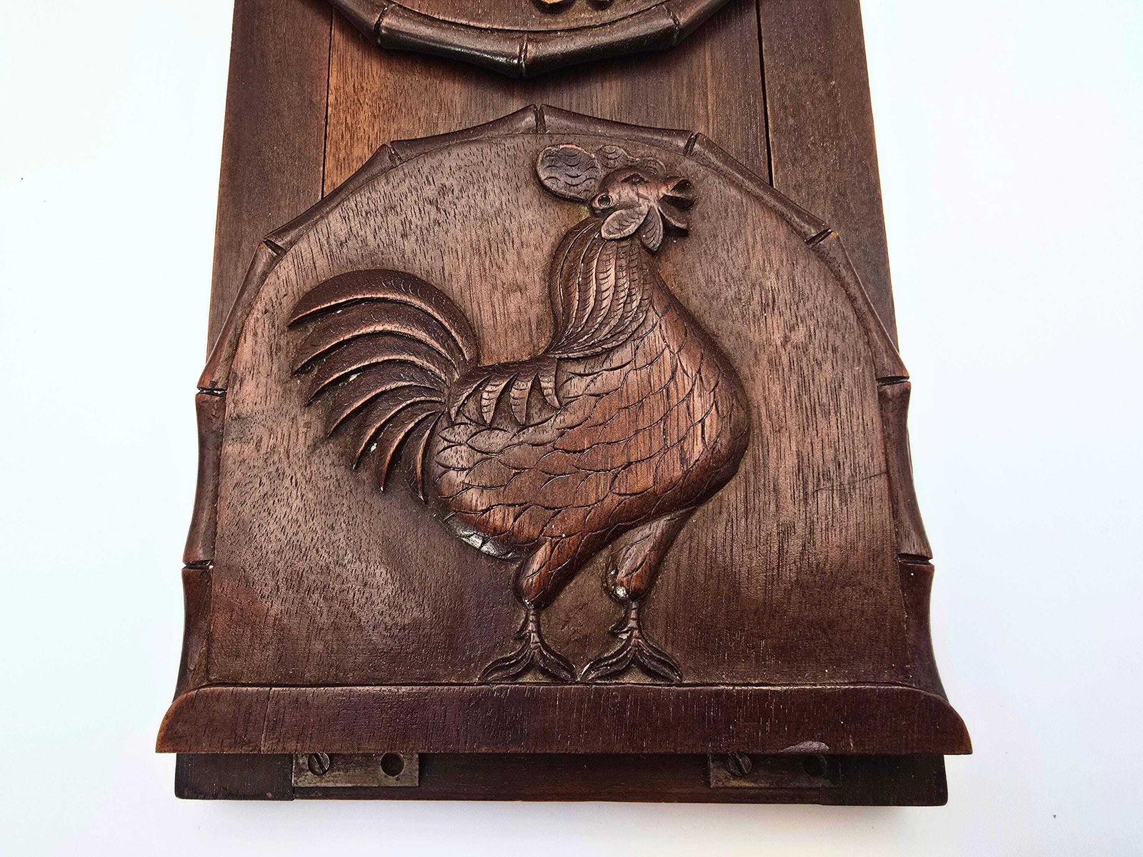 photo for sale Antique Expanding Dark Wood Book Slide Roosters And Bamboo Detail