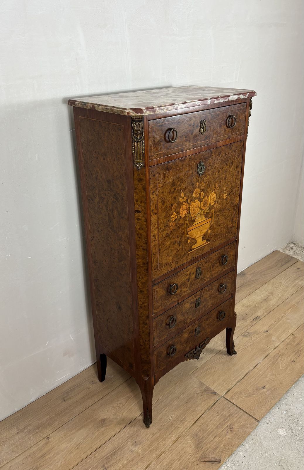French Louis XVI Style Burl Wood Secretary Chest With Marble Top, 1930s photo buy