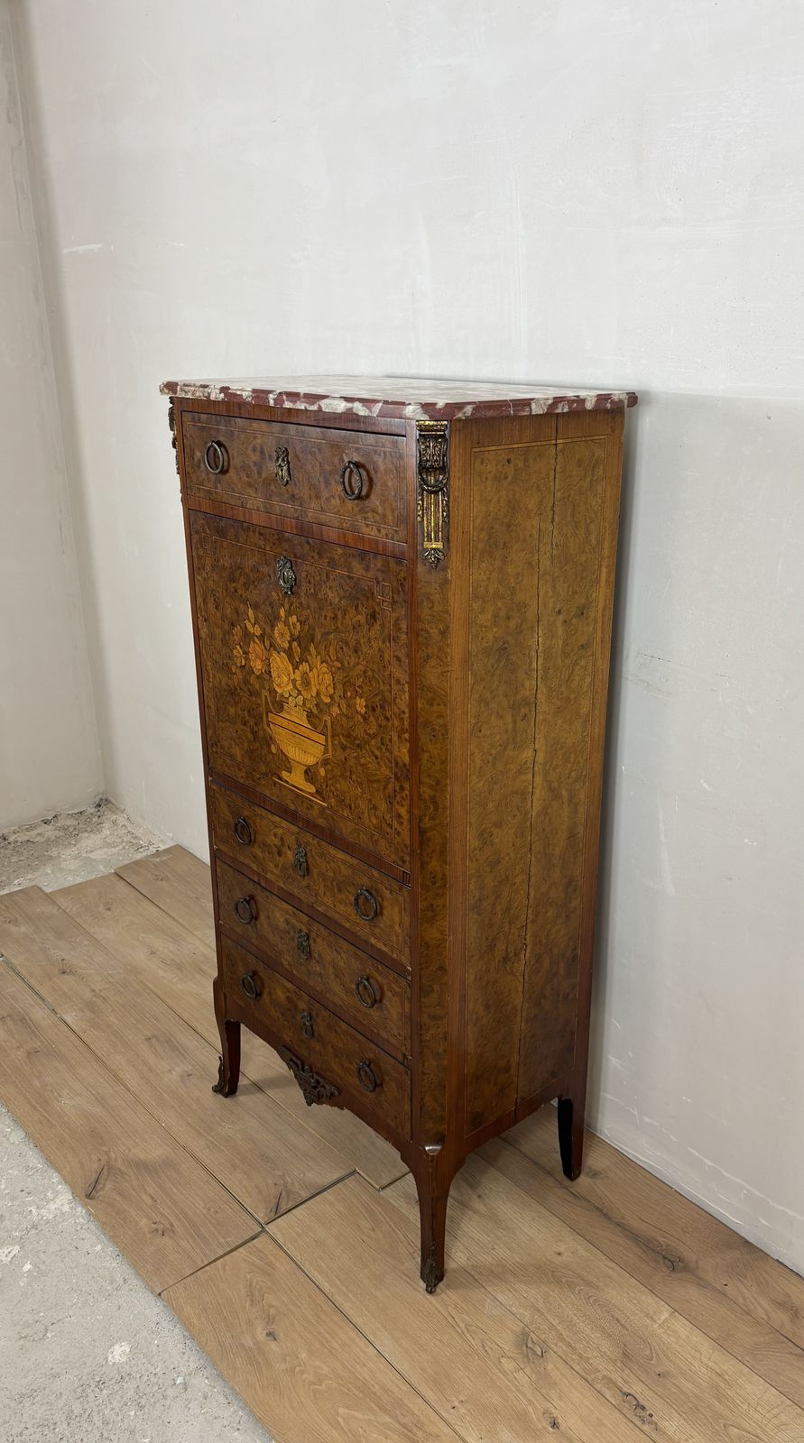 photo for sale Franse Secretaire In Louis XVI Stijl Met Wortelhoutfineer En Marmeren Blad, Jaren 1930