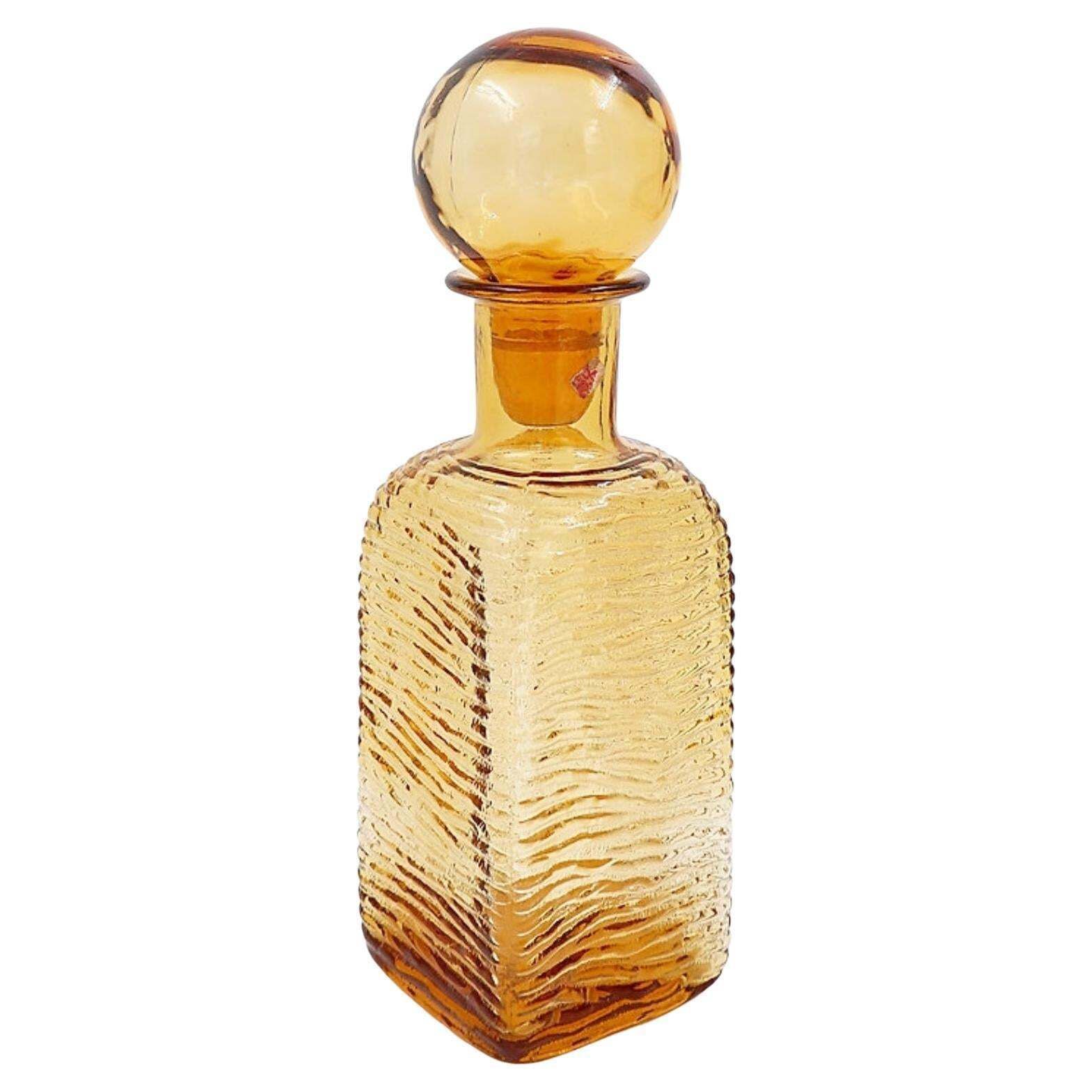 Vintage Amber Wavy Empoli Italian Glass Mcm Decanter Round Ball Stopper