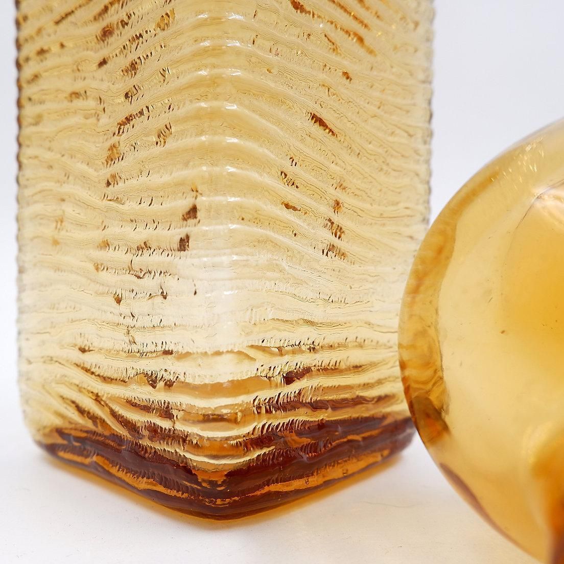Vintage Amber Wavy Empoli Italian Glass Mcm Decanter Round Ball Stopper photo for sale