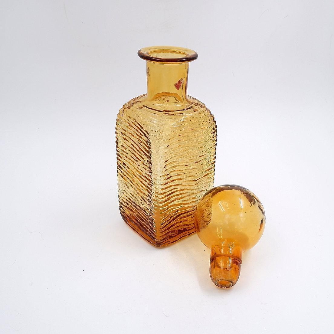 Home Decor Vintage Amber Wavy Empoli Italian Glass Mcm Decanter Round Ball Stopper photo
