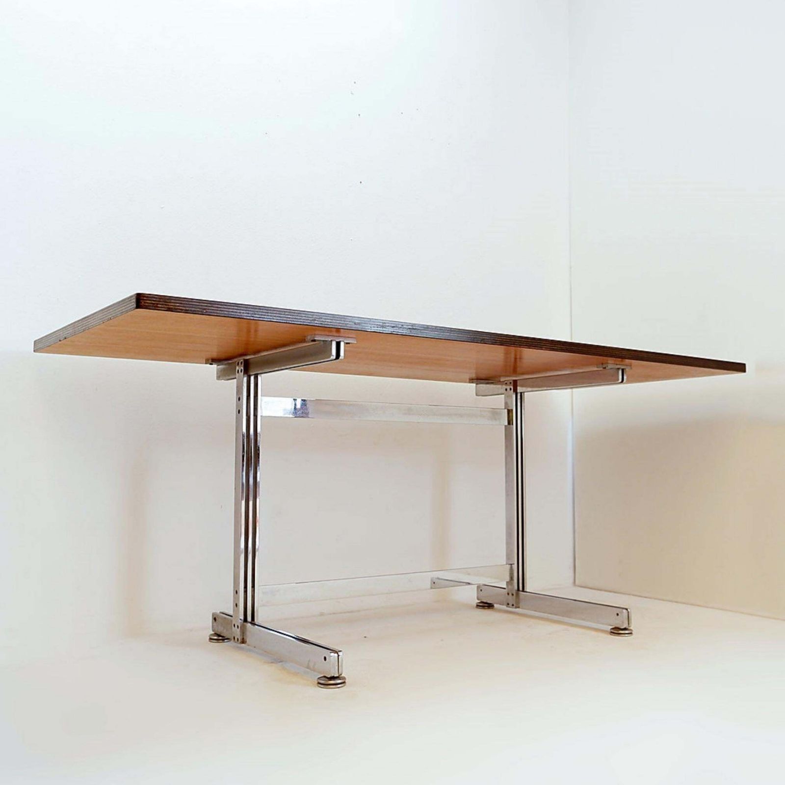 Jules Wabbes Cintree Desk, Laminated Wood & Chrome, Belgium, 1968 photo furniture