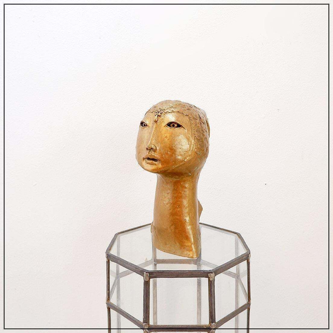 Gilded Terracotta Woman's Head Sculpture, 21st Century Tribal Art photo furniture
