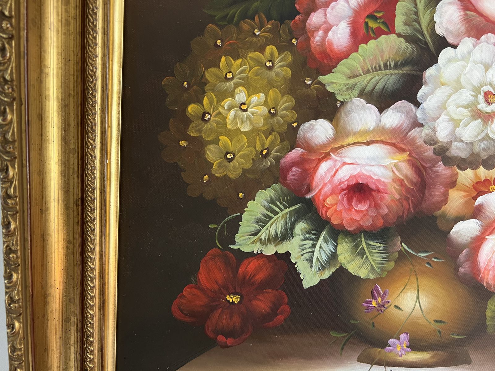 Art Vintage Mid Century Floral Still Life Oil Painting Signed | Large Gold Frame | Vibrant Bouquet Mcm Wall Art | photo