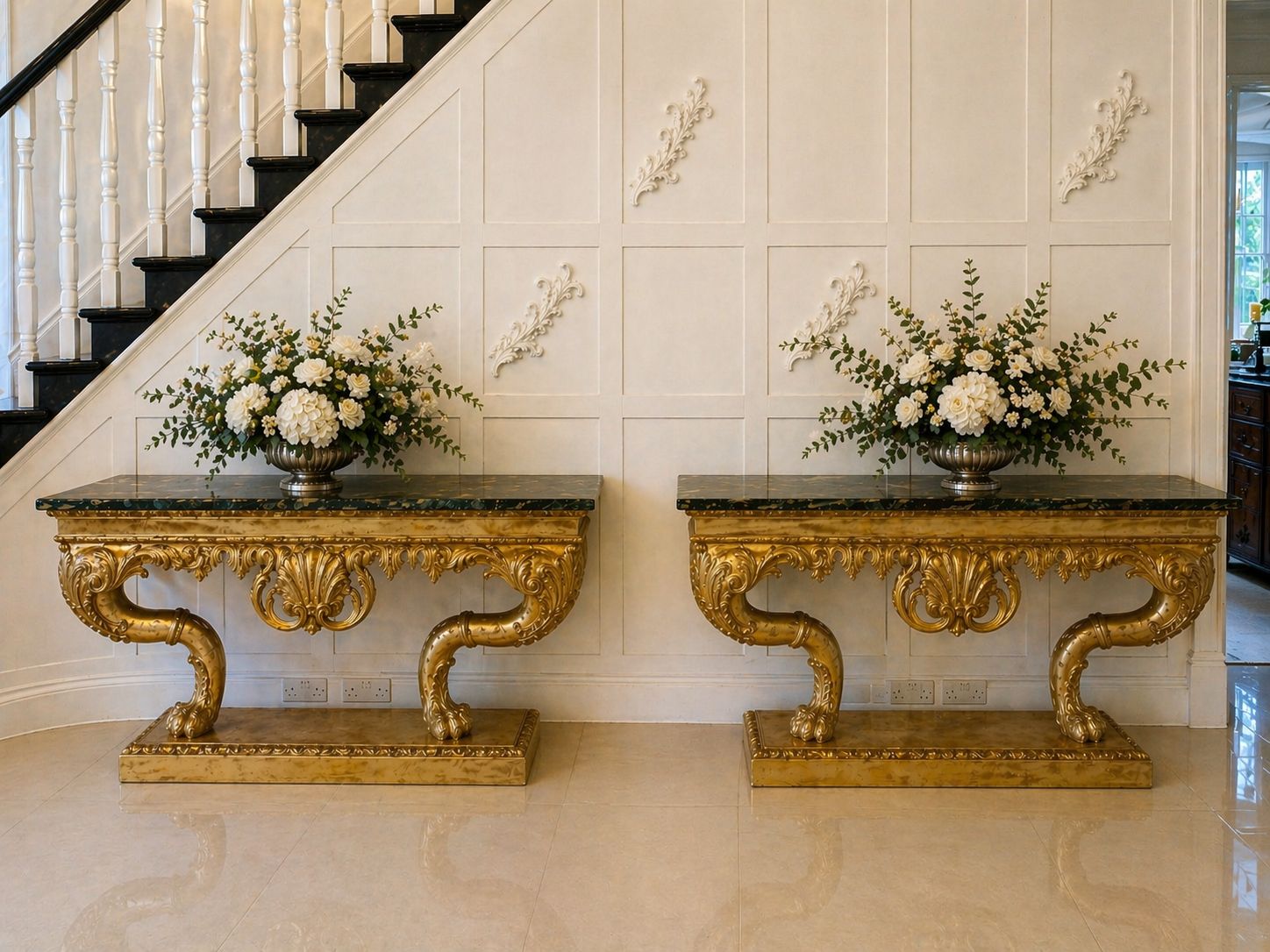 Antique Pair Of Monumental Italian Baroque Revival Giltwood Console Tables With Breccia Marble Tops And Lion’s Paw Supports photo for sale