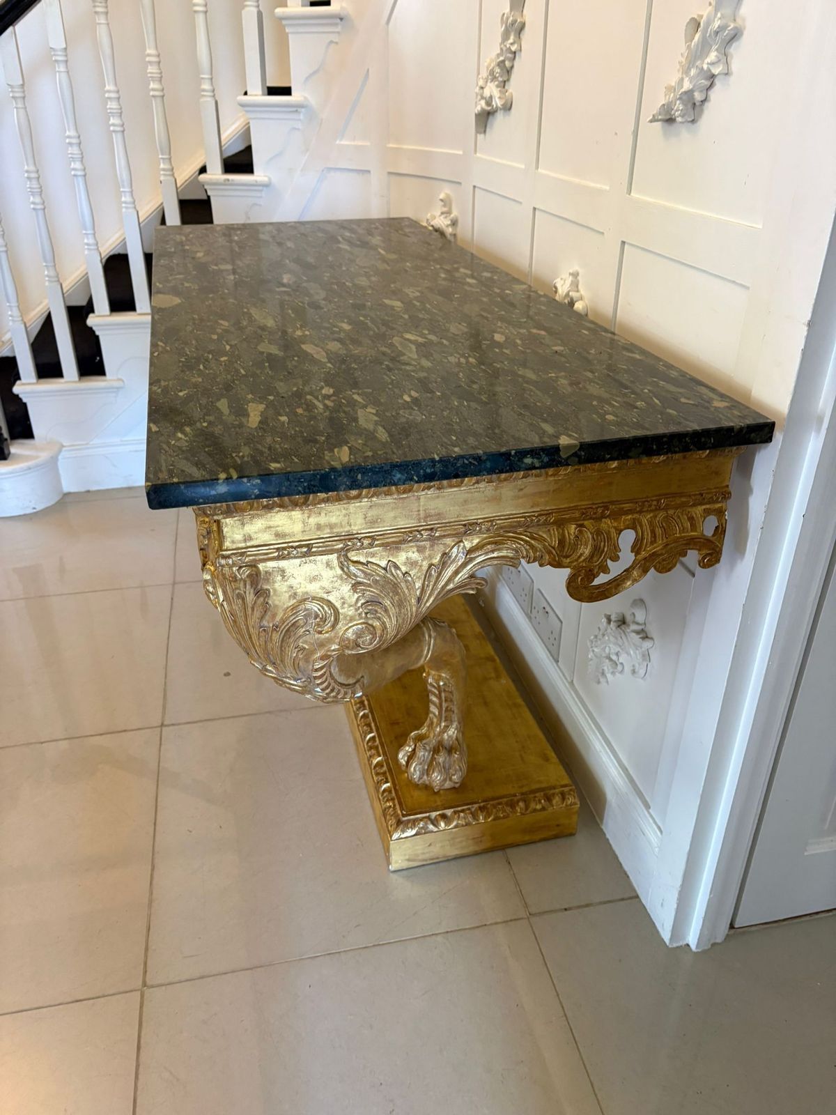 Antique Pair Of Monumental Italian Baroque Revival Giltwood Console Tables With Breccia Marble Tops And Lion’s Paw Supports photo 56500.0