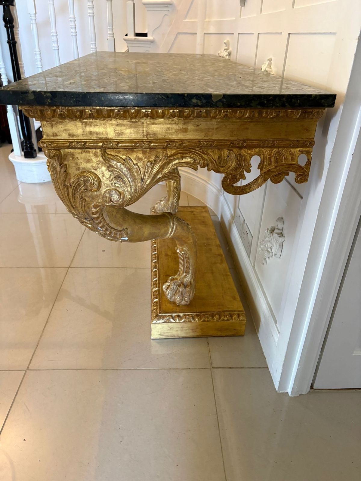 Antique Pair Of Monumental Italian Baroque Revival Giltwood Console Tables With Breccia Marble Tops And Lion’s Paw Supports photo vinterior
