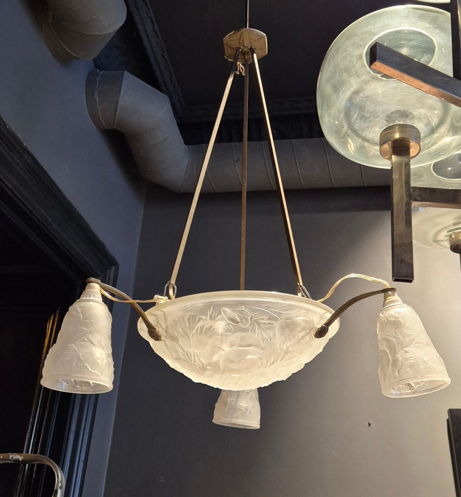 Art Nouveau Chandelier, Glass Shades With Decor Of Poppies, France 1920s. photo for sale