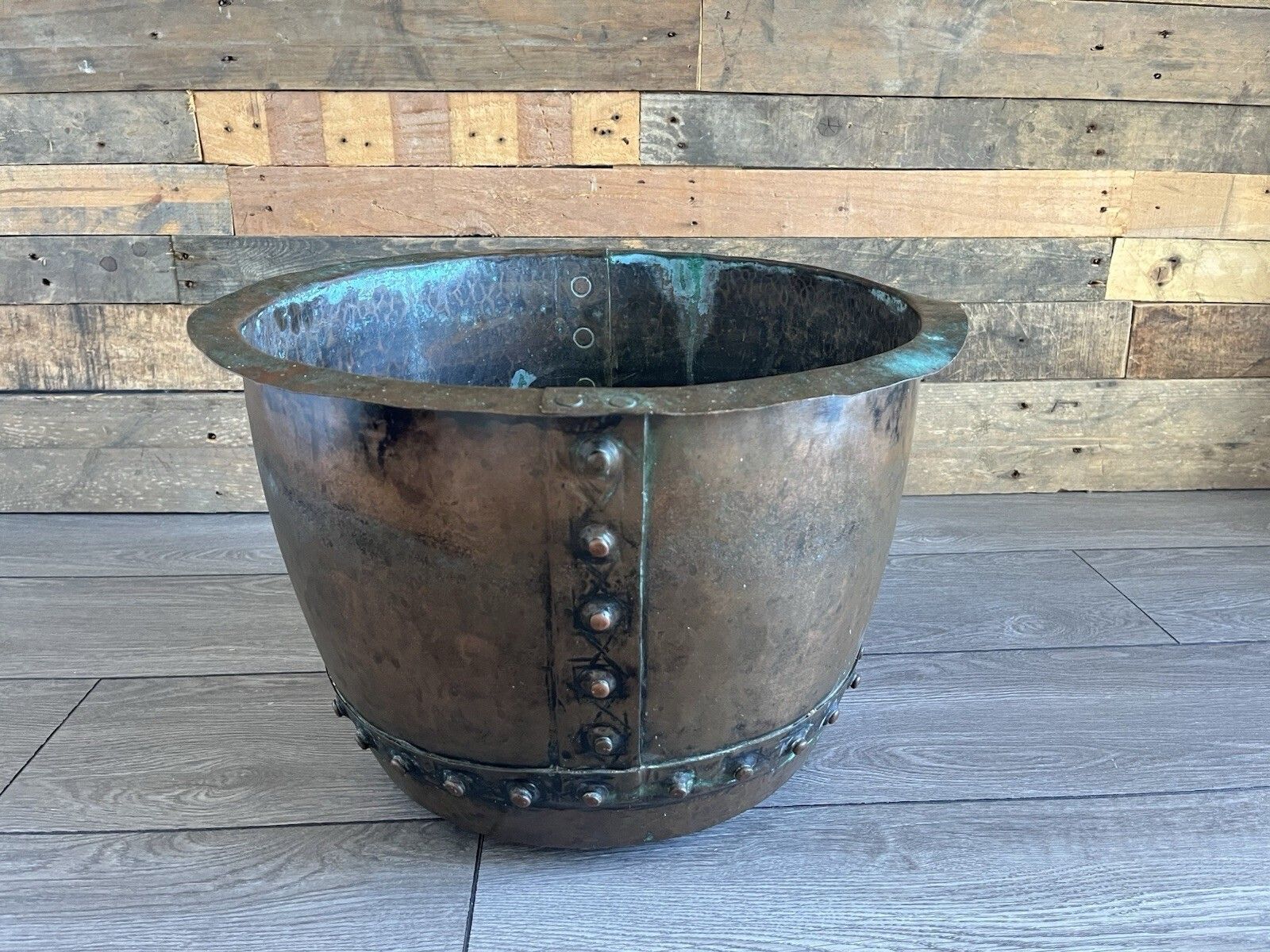 Antique Riveted Copper Wash Pot Farmhouse Jardiniere Planter Log Bin Box Storage photo furniture