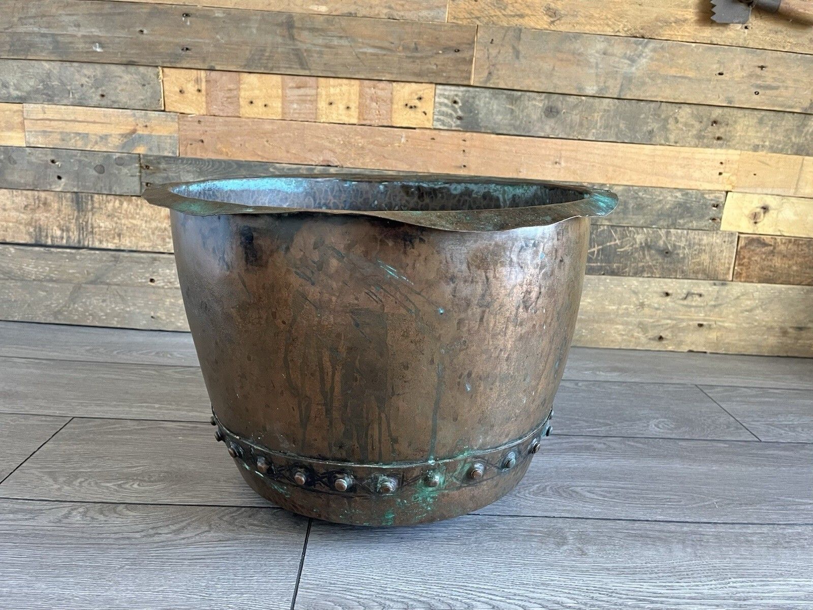 Antique Riveted Copper Wash Pot Farmhouse Jardiniere Planter Log Bin Box Storage photo Garden Decor