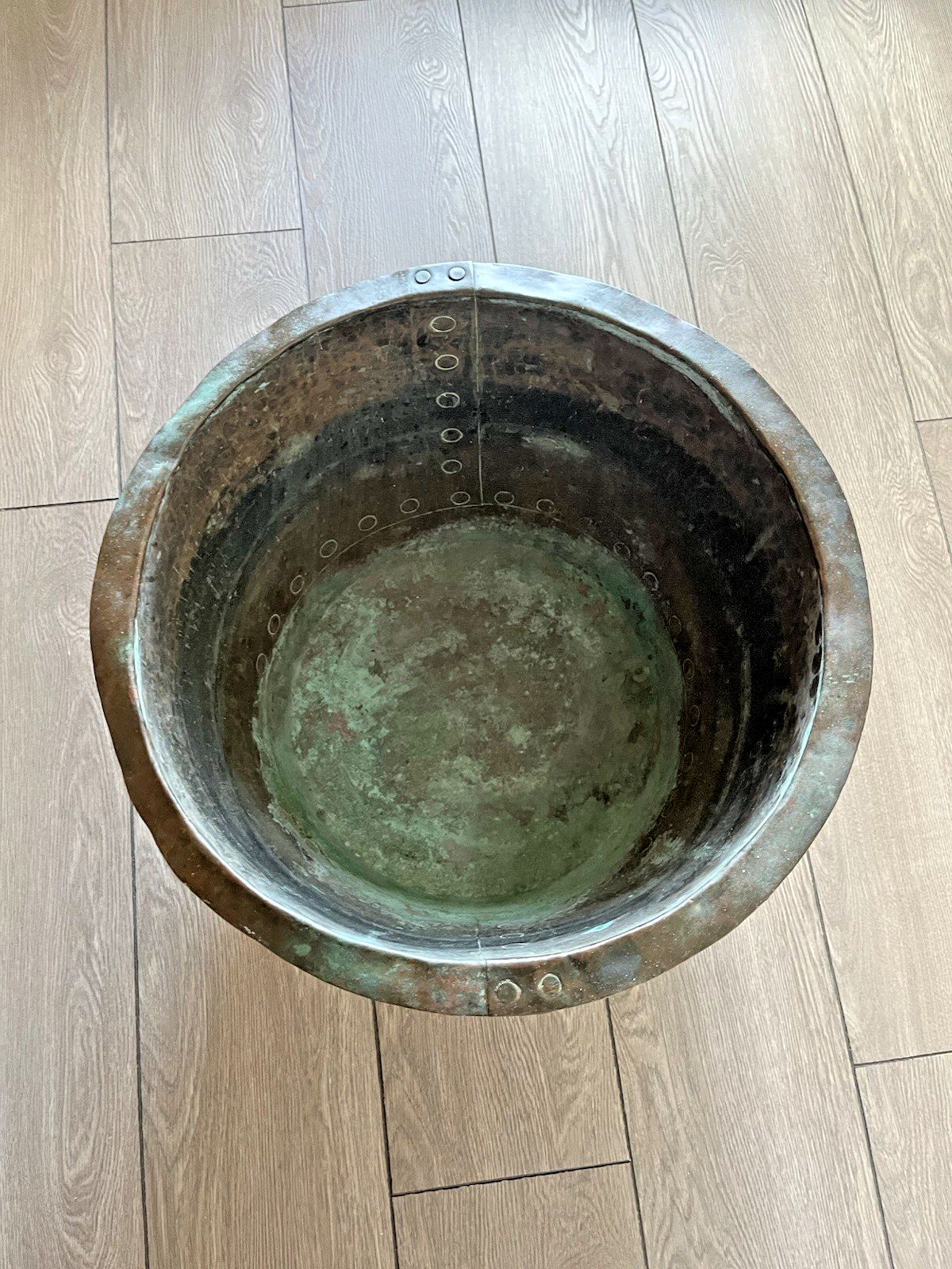 Garden Decor Antique Riveted Copper Wash Pot Farmhouse Jardiniere Planter Log Bin Box Storage photo