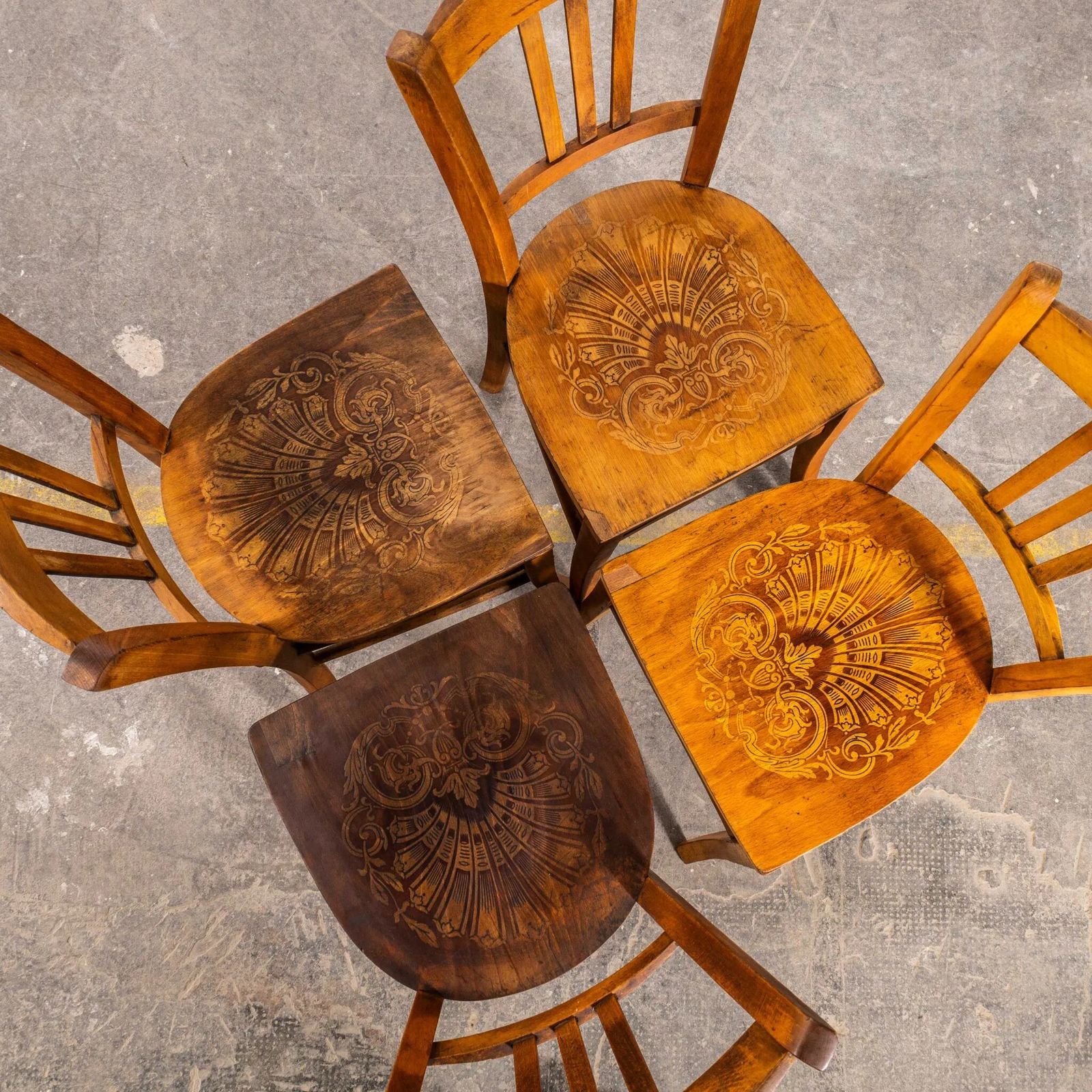 1950’s French Farmhouse Patterned Seat Dark Oak Dining Chairs – Set Of Four photo for sale