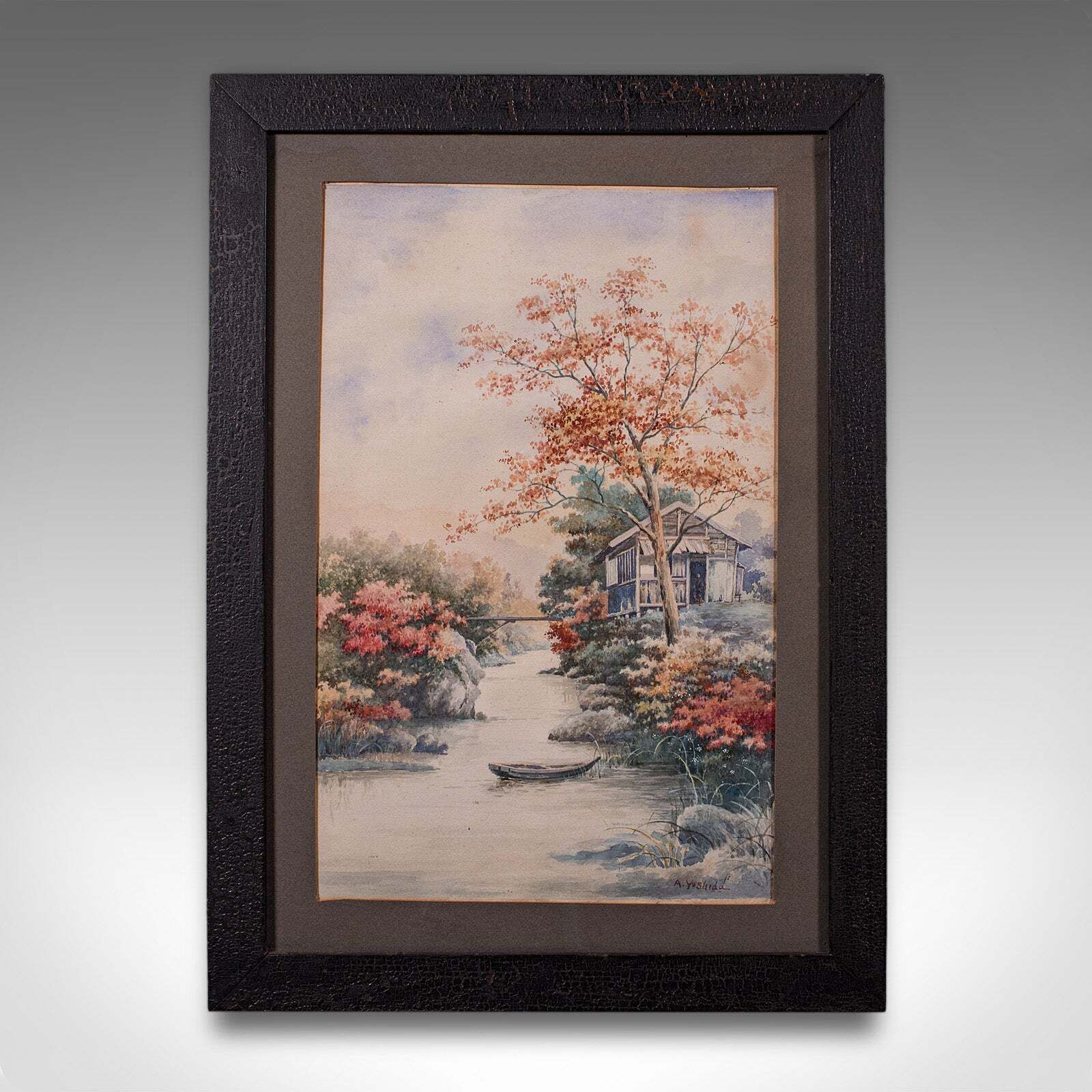 Vintage River Landscape Painting, Japanese School, Watercolour, Art, Mid Century photo furniture