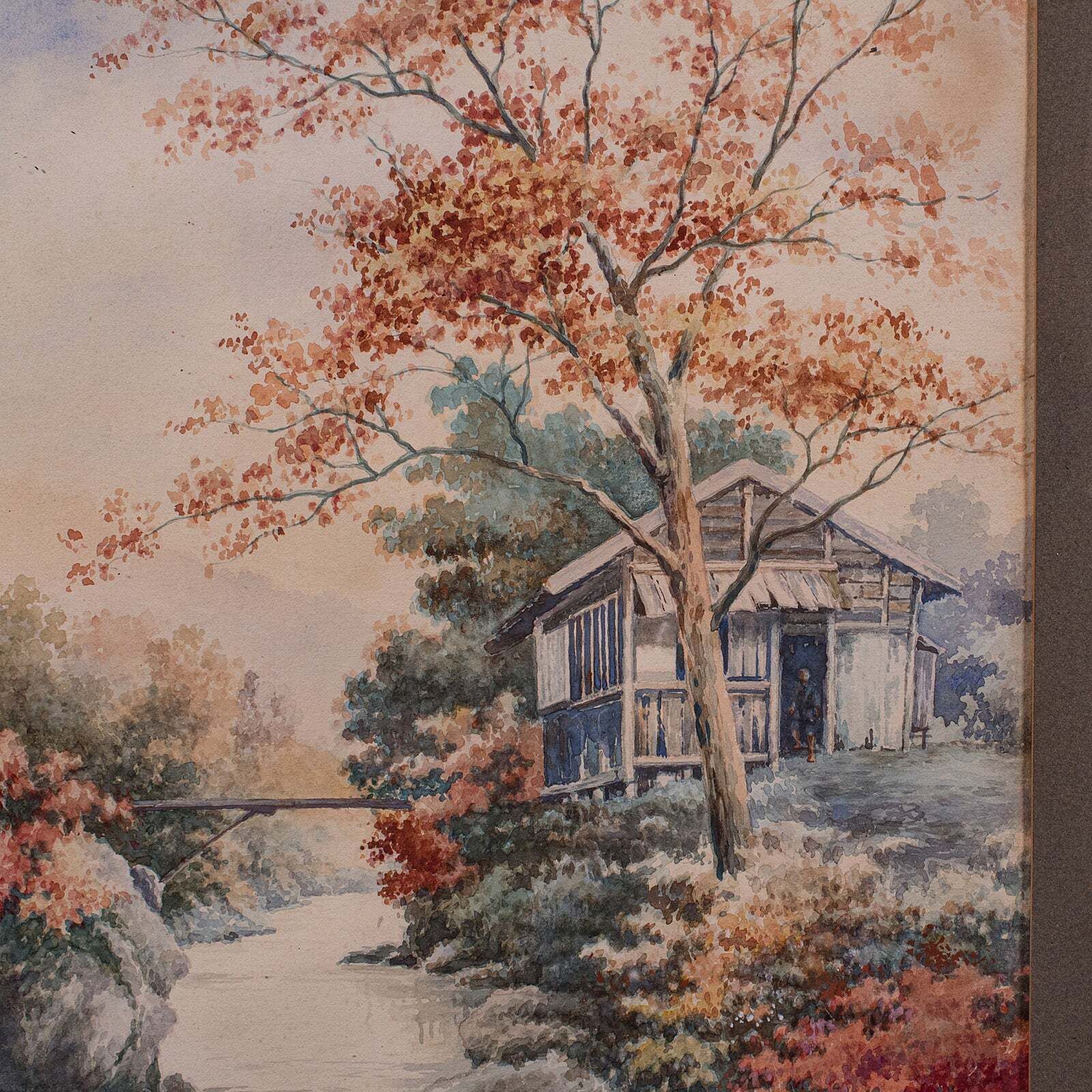 Vintage River Landscape Painting, Japanese School, Watercolour, Art, Mid Century photo 709.0