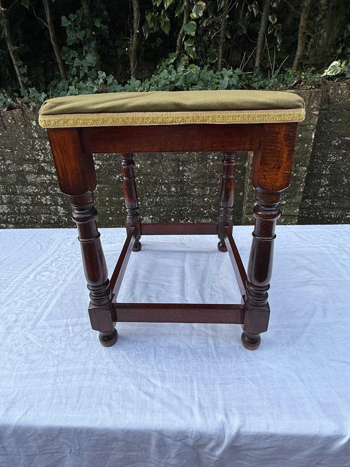 Home Decor Vintage Upholstered Mahogany Footstool Or Occasional, Vanity Stool With Turned Legs And Green Velvet Like Seat photo