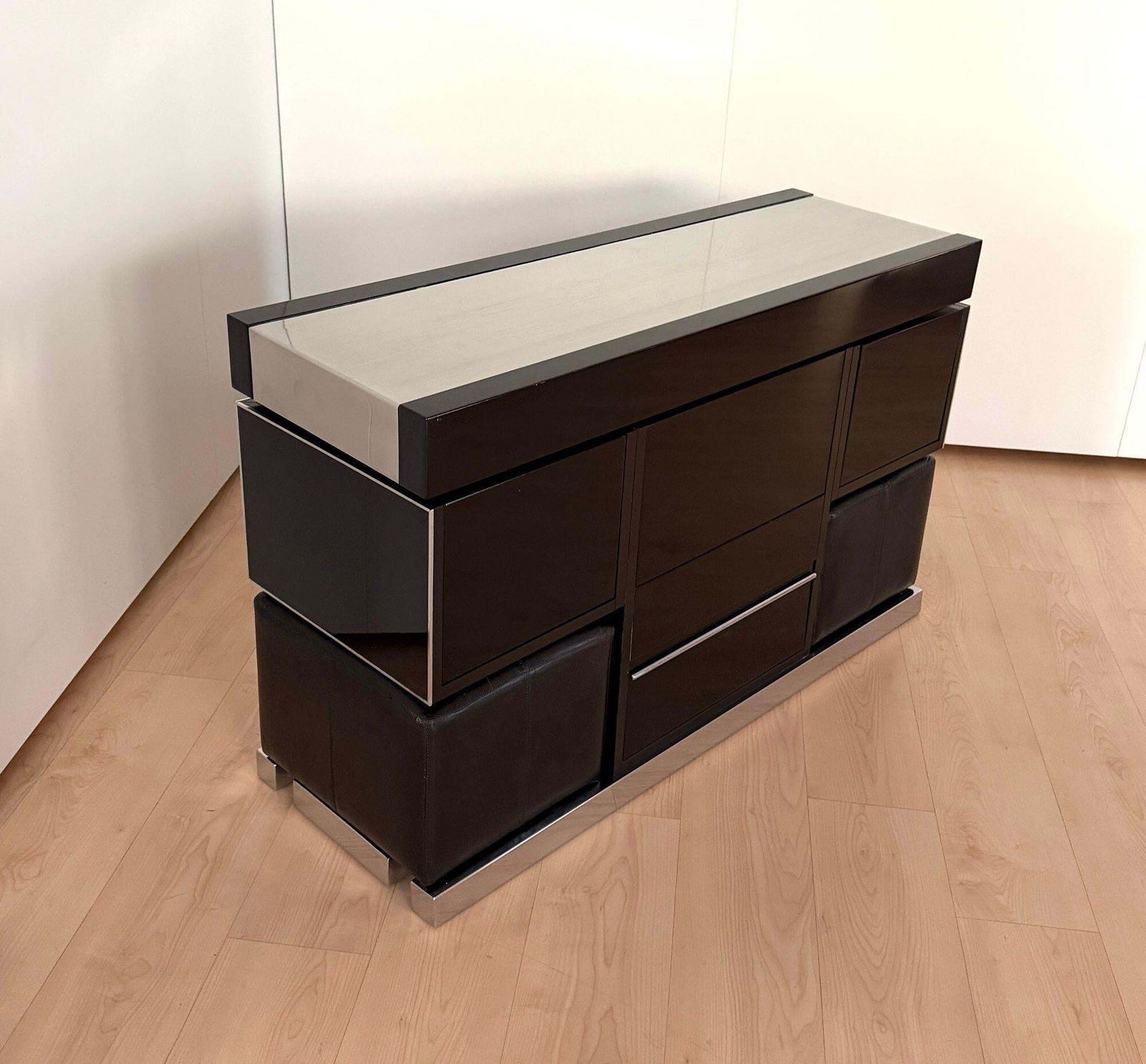 Willy Rizzo Convertible Bar, Black Lacquer, Chrome, Leather, Italy Circa 1970 photo Furniture